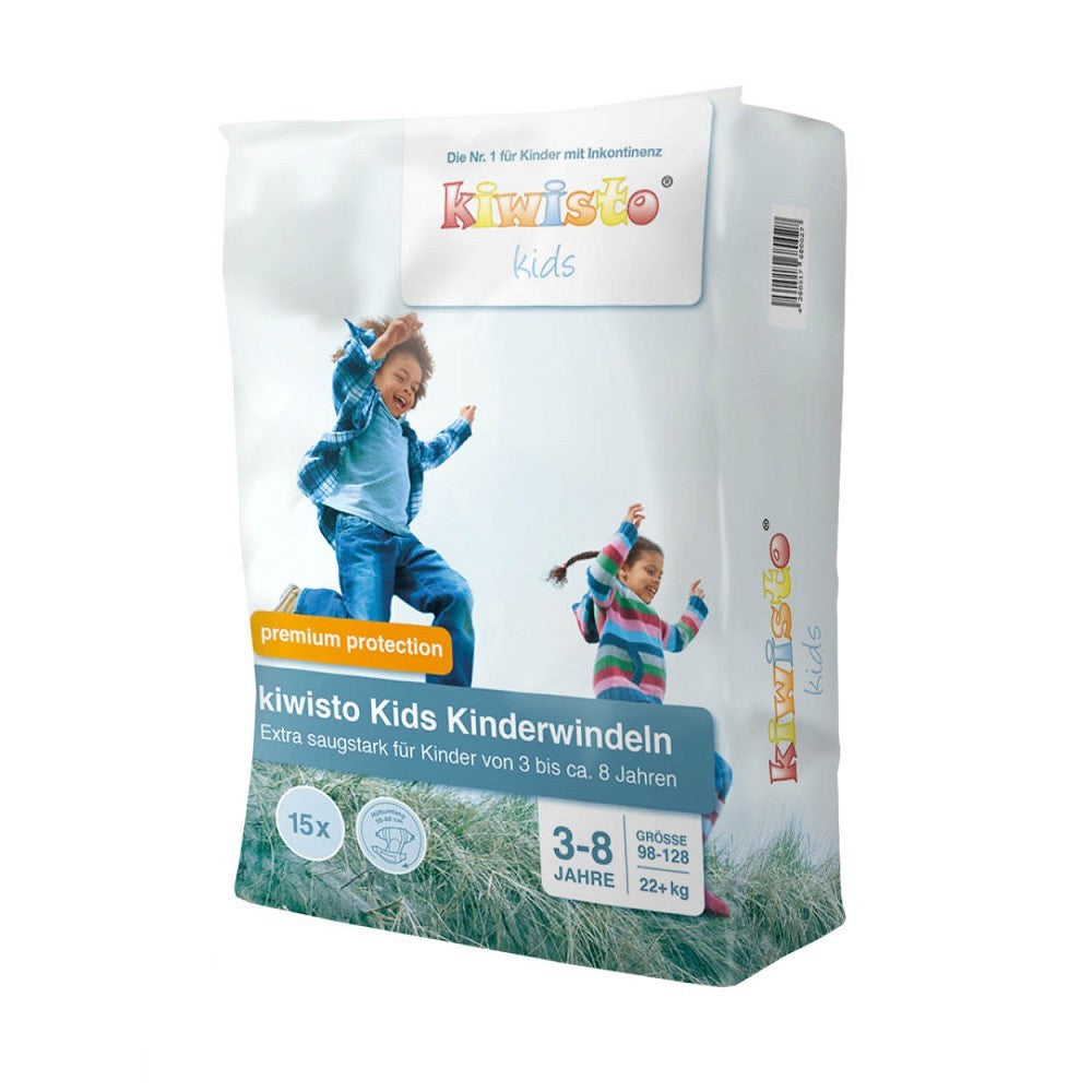 Produktverpackung der Kiwisto Kids Kinderwindeln, Premium Protection für Kinder von 3 bis 8 Jahren, 15 Stück.