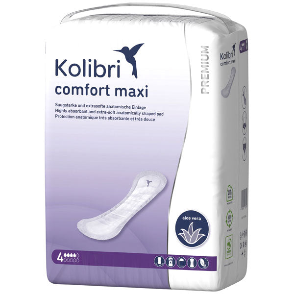 Bild zeigt eine Verpackung der Kolibri Comfort Premium Maxi Einlagen mit Aloe Vera. Die Einlagen sind luftdurchlässig und bieten hohen Komfort. Die Vorderseite der Verpackung präsentiert das Produkt in einem ansprechenden Design, mit klaren Angaben zu den Eigenschaften wie Saugfähigkeit und Hautfreundlichkeit. Im Hintergrund sind sanfte, angenehme Farben zu sehen, die eine beruhigende Wirkung vermitteln. Unten sind Informationen über Aloe Vera und deren Vorteile für die Haut abgedruckt.