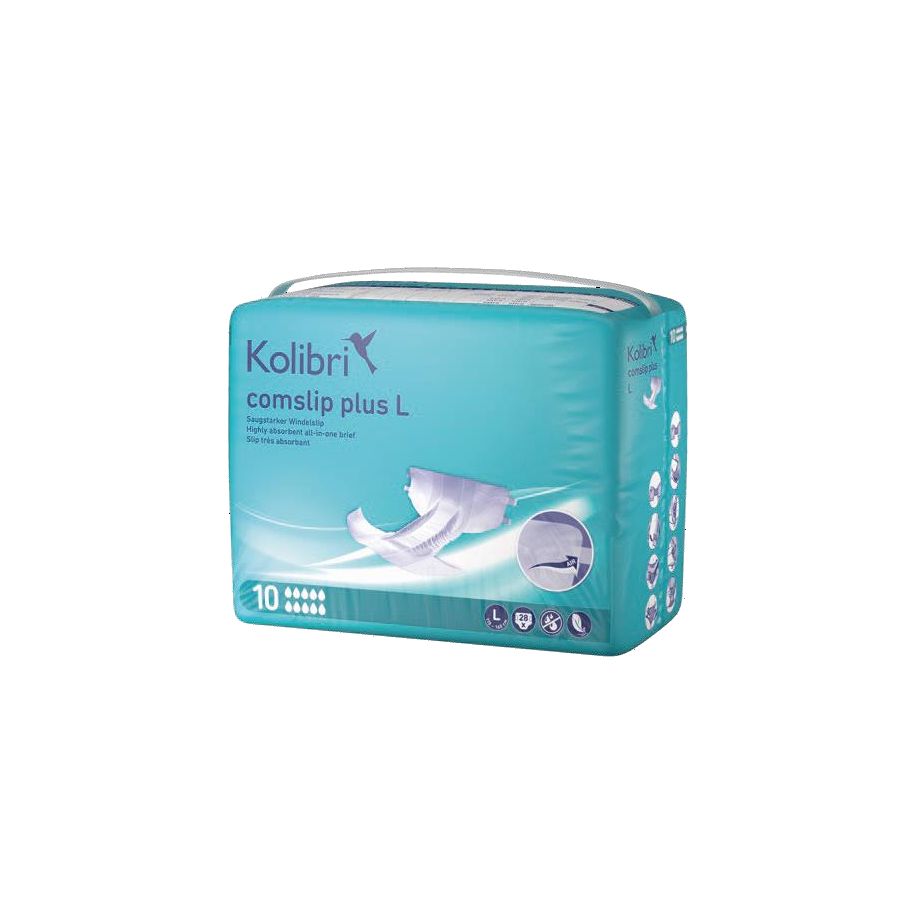 Das Bild zeigt eine Packung Kolibri Comslip Plus Windelslips in Größe L. Die Verpackung ist in sanften Blau- und Grüntönen gehalten und zeigt ein stilisiertes Bild eines lächelnden Babys, das eine Windel trägt. Auf der Vorderseite sind die Produktbezeichnung "Kolibri Comslip Plus" und Hinweise zu Größe und Benutzerfreundlichkeit abgebildet. Der Hintergrund ist schlicht, um die wichtigen Informationen hervorzuheben.