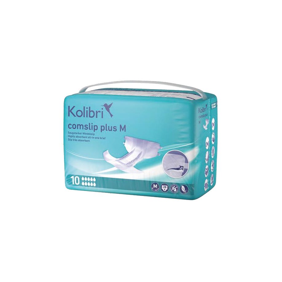 Bild zeigt einen Pack mit Kolibri Comslip Plus Windelslips in Größe M. Die Windelslips sind in einer Öffnung verpackt, auf der Vorderseite ist das Produktlogo deutlich sichtbar. Die Windelslips selbst sind weiß und haben eine strukturierte Oberfläche. Die Verpackung hebt die Merkmale der Windelslips hervor, darunter hohe Saugfähigkeit und angenehmer Tragekomfort. Im Hintergrund sind leichte Farbverläufe zu sehen, die das Produkt ansprechend präsentieren. Ein einfacher, moderner Entwurf dominiert das Bild.