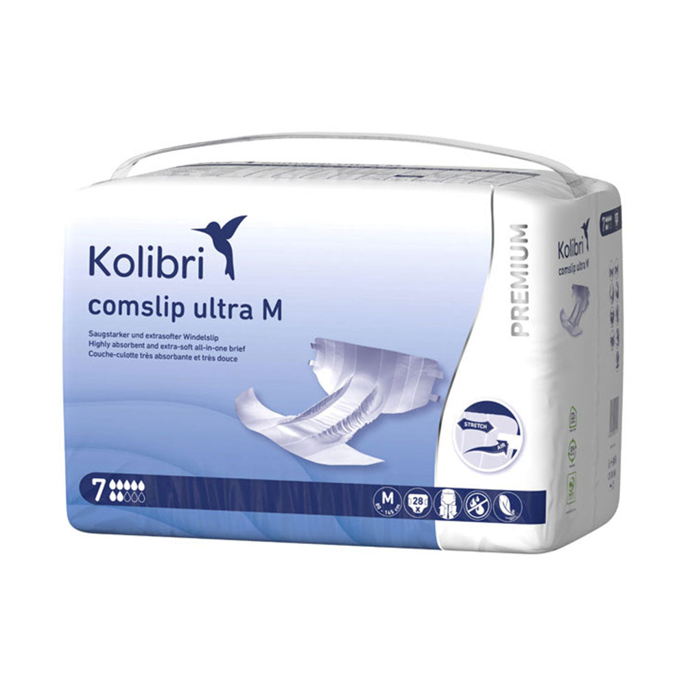 Das Bild zeigt einen Kolibri Comslip Premium Ultra Medium Inkontinenzslip auf einem weißen Hintergrund. Der Slip ist hauptsächlich in sanften Farben gehalten, mit einem eleganten, blauen Design und feinen Mustern. Er ist für Komfort und zuverlässige Absorption ausgelegt. Die seitlichen Bündchen sind elastisch, um eine optimale Passform zu gewährleisten. Im Vordergrund wird das Produkt in einer leicht geneigten Position präsentiert, um die Details hervorzuheben.