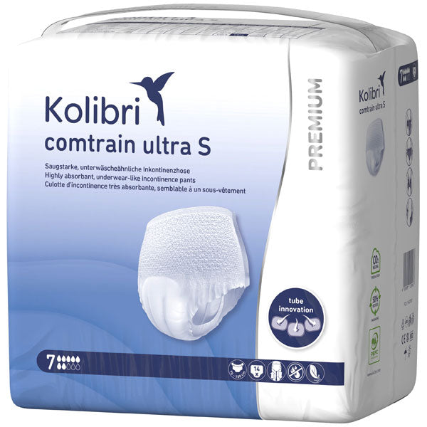 Detailliertes Produktbild der Kolibri Comtrain Premium Ultra Pants in Größe S. Die Hose ist in einem modernen, sportlichen Design gehalten und zeigt sich in einer Kombination aus dunklem Blau und lebendigen Akzenten. Sie ist aus leichtem, strapazierfähigem Material gefertigt und bietet eine bequeme Passform mit elastischem Bund. Strategische Nähtdetails verstärken die sportliche Optik. Der Hintergrund ist neutral gehalten, um die Hose hervorzuheben.