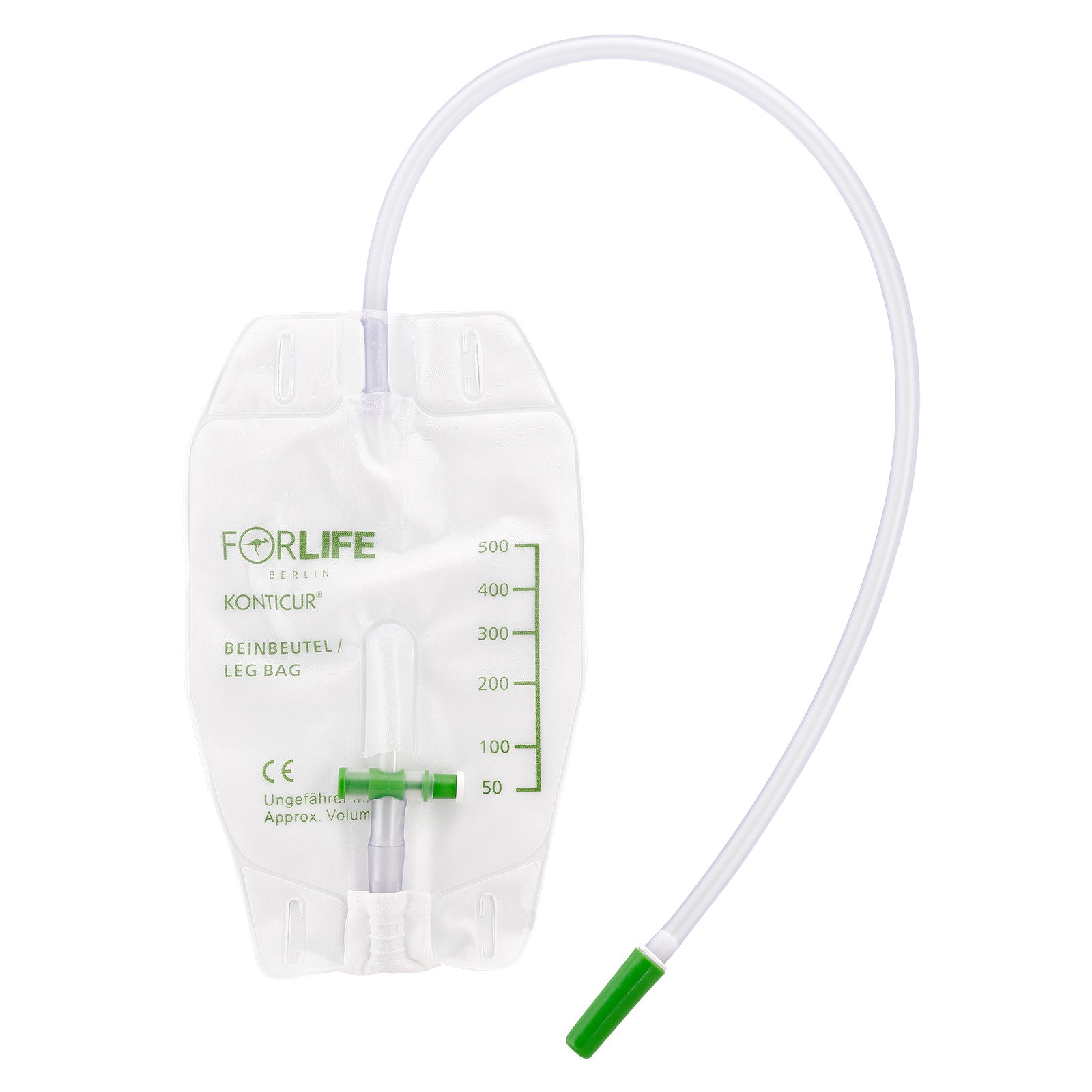 Ein lila und transparenter 500 ml Beinbeutel mit einem 60 cm langen Schlauch, der in einer unsterilen Verpackung präsentiert wird. Der Beutel ist ein Kammerbeutel, der für die Sammlung von Urin verwendet wird. Auf dem Beutel sind klare Markierungen für das Fassungsvermögen sowie das Herstellerlogo sichtbar. Die Verpackung zeigt eine Anleitung für die Verwendung sowie die Anzahl der enthaltenen Beutel (10 Stück). Der Hintergrund ist weiß, was eine klare Sicht auf das Produkt ermöglicht.