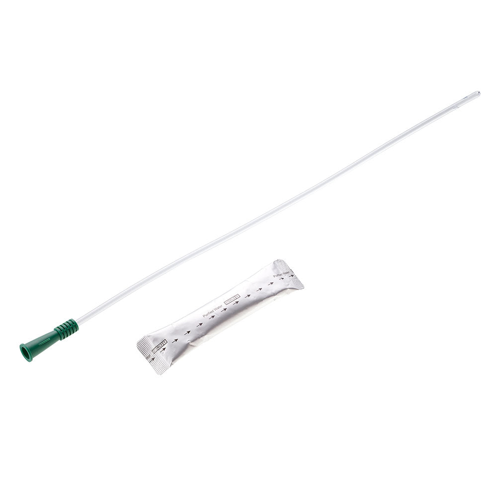 Bild eines hydrophil beschichteten Einmalkatheters für Männer, Größe CH 16. Der Katheter ist transparent und hat eine glatte, schimmernde Oberfläche, die auf die hydrophile Beschichtung hinweist. Die Verpackung ist in auffälligen Farben gestaltet und zeigt den Produktnamen "Konticur Kath" sowie die Anzahl der enthaltenen Stücke (25). Im Hintergrund sind medizinische Symbole zu sehen, die die Anwendung des Katheters verdeutlichen. Der Katheter ist steril verpackt und eignet sich für den einmaligen Gebrauch.