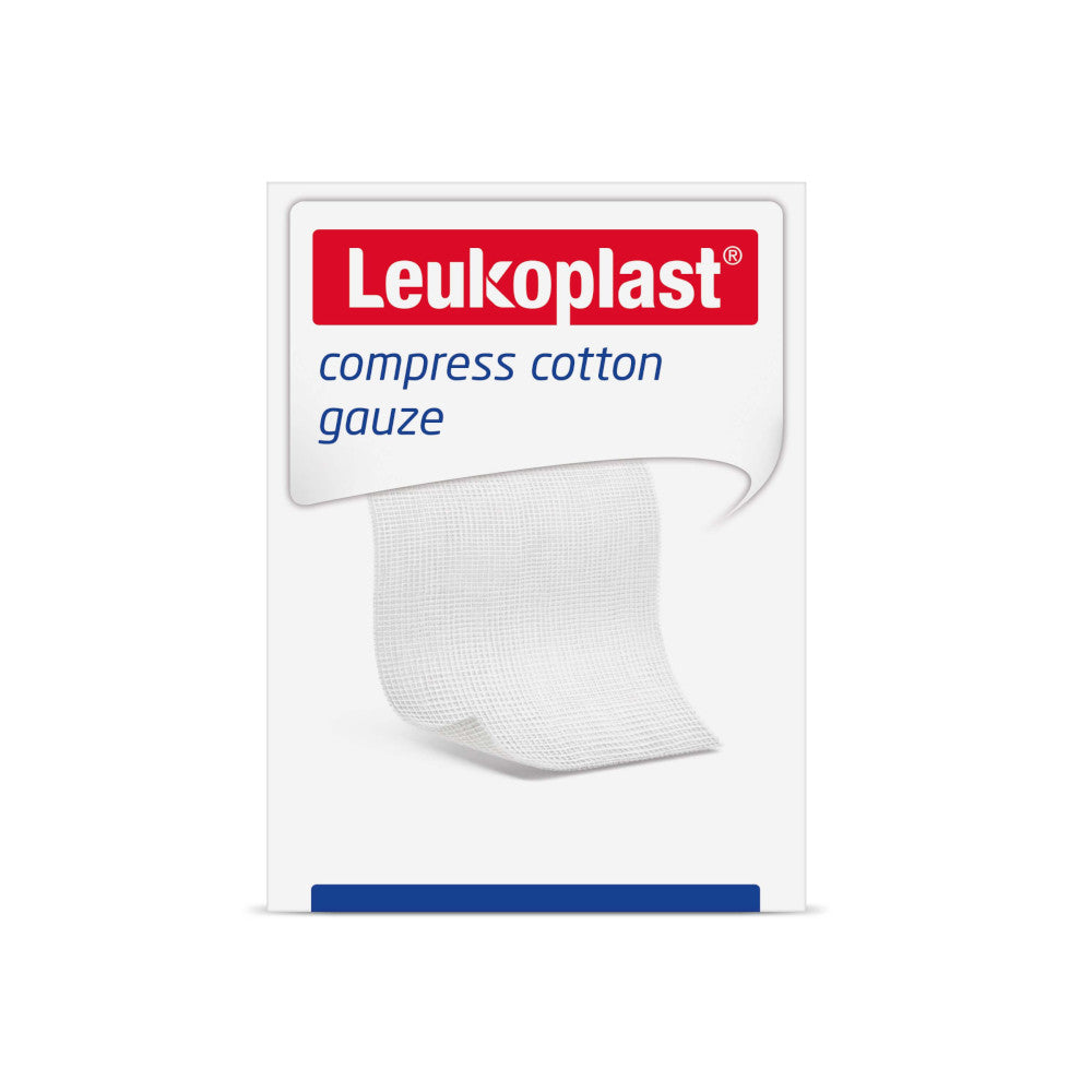 Sterile Baumwoll-Gauze-Kompressen von Leukoplast sind in einer hellen Verpackung präsentiert. Die Kompressen sind in einer weißen, quadratischen Form angeordnet und zeichnen sich durch ihre hohe Saugfähigkeit und Weichheit aus. Auf der Vorderseite der Verpackung sind der Produktname „Leukoplast Kompressen“ sowie eine grafische Darstellung der Kompressen abgebildet. Das gesamte Design vermittelt den Eindruck von Qualität und Vertraulichkeit, ideal für medizinische Anwendungen.