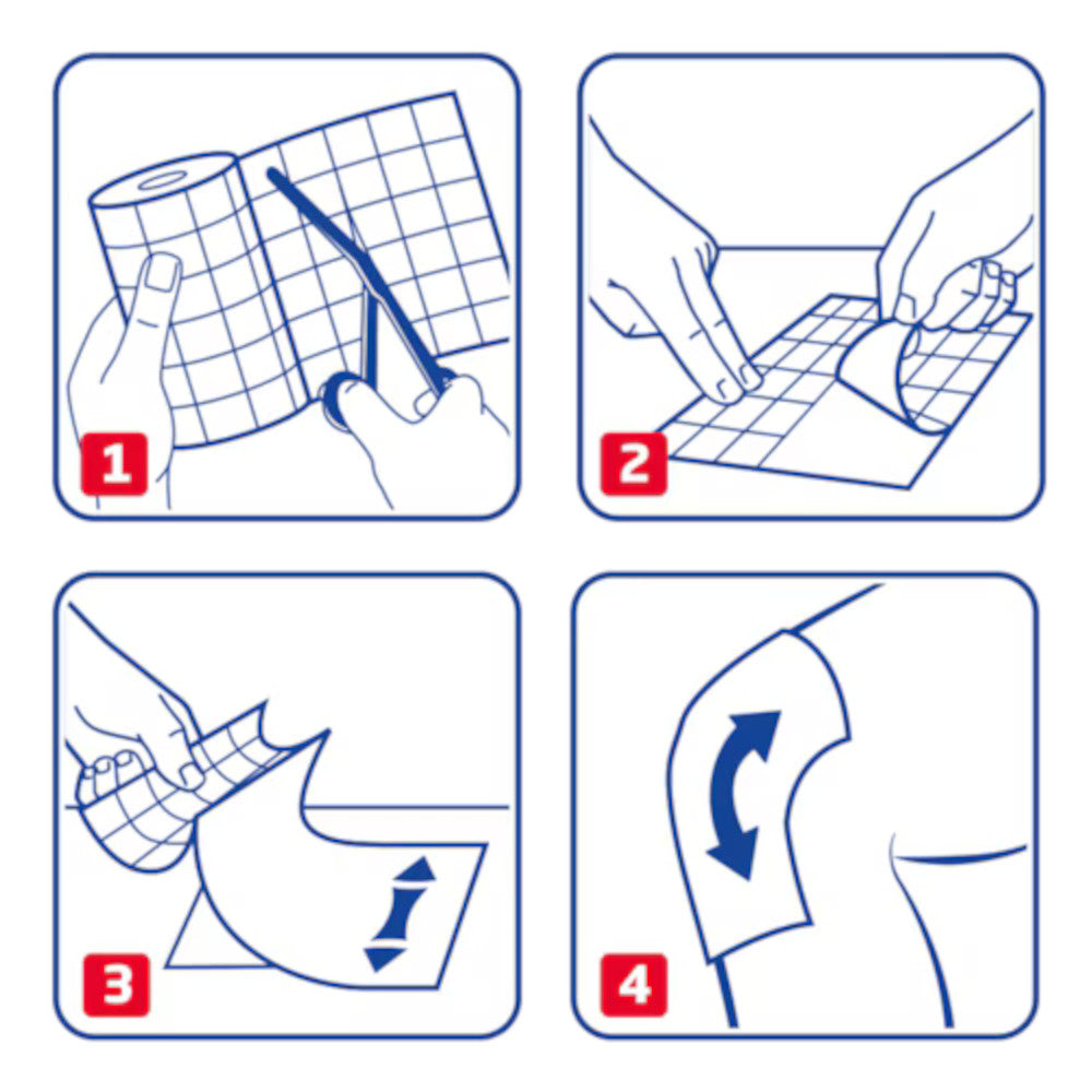 Bild eines Produktpakets von Leukoplast Hypafix, einem hautfreundlichen Klebevlies. Die Verpackung zeigt eine rechteckige Rolle mit den Abmessungen 20 cm x 20 m. Das Design ist in einem klaren, professionellen Stil gehalten, mit dem Logo von Leukoplast gut sichtbar. Die Hintergrundfarbe ist hauptsächlich Weiß mit blauen und schwarzen Akzenten. Auf der Vorderseite sind zusätzliche Informationen über die Vorteile des Produkts in klaren, leicht lesbaren Texten abgedruckt.