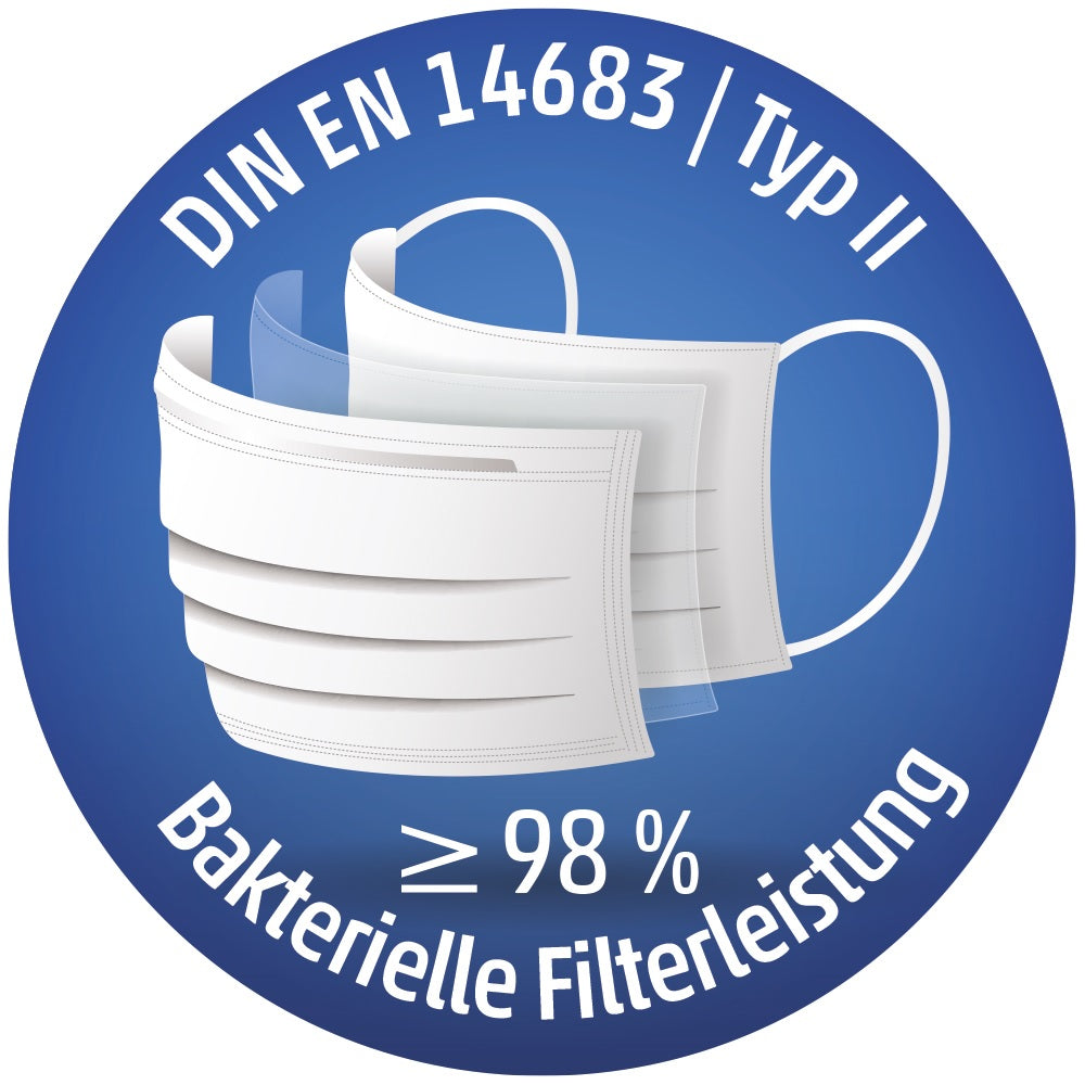 Das Bild zeigt einen dreilagigen, blauen Mundschutz aus Vlies mit einem Nasenbügel. Der Mundschutz ist in einem rechteckigen Format gehalten, misst etwa 9,5 cm in der Höhe und 17,5 cm in der Breite. Die obere Seite des Produkts hat eine leichte Wölbung, die den Nasenbügel erkennbar macht, und die Kanten sind sauber verarbeitet. Im Hintergrund ist eine neutrale, unscharfe Fläche zu sehen, die den Fokus auf den Mundschutz lenkt.