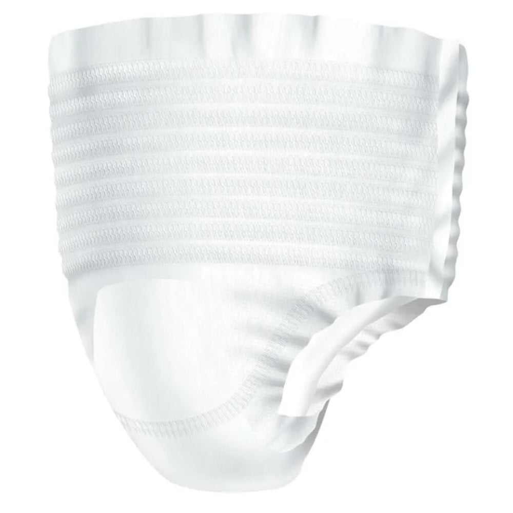 Weißer, transparenter Beutel mit einem gelben und schwarzen Etikett, auf dem "Lille Suprem Extra Pants" in großen Buchstaben steht. Der Beutel enthält 14 Stück der Windelhosen und zeigt ein Bild einer Windelhose in der oberen Ecke. Das Etikett weist auf die Größe "Large" hin und betont die Saugfähigkeit mit einem grafischen Symbol. Der Hintergrund des Beutels ist schlicht und hebt den Inhalt hervor. Das Produkt ist für Erwachsene geeignet, die zusätzliche Sicherheit und Komfort benötigen.