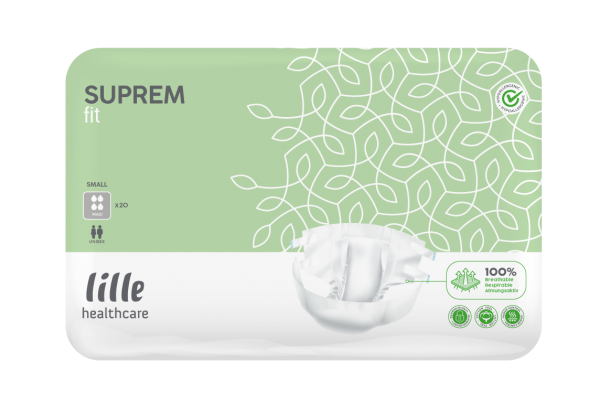 Alt-Text: Abbildung eines Produkts namens "Lille Suprem Fit Maxi XL", das in einer transparenten Verpackung präsentiert wird. Die Windel ist groß und hat eine anatomisch geformte Struktur mit elastischen Seitenbünden. Auf der Vorderseite befinden sich mehrfarbige Grafiken mit dem Produktnamen und wichtigen Informationen zu Größe und Saugfähigkeit. Der Hintergrund ist schlicht gehalten, wodurch die Windel klar im Fokus steht.