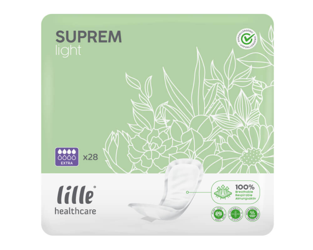 Ein Paket mit Lille Suprem Light Extra Inkontinenzeinlagen ist auf dem Bild abgebildet. Die Vorderseite der Verpackung zeigt eine ansprechende Gestaltung mit einem klaren Logo oben links. Die Einlagen sind für leichte bis moderate Inkontinenz ausgelegt und verfügen über eine hohe Saugkraft. Die Verpackung ist farblich ansprechend in Blau- und Weißtönen gehalten, mit stichwortartigen Informationen zu den Eigenschaften der Einlagen.