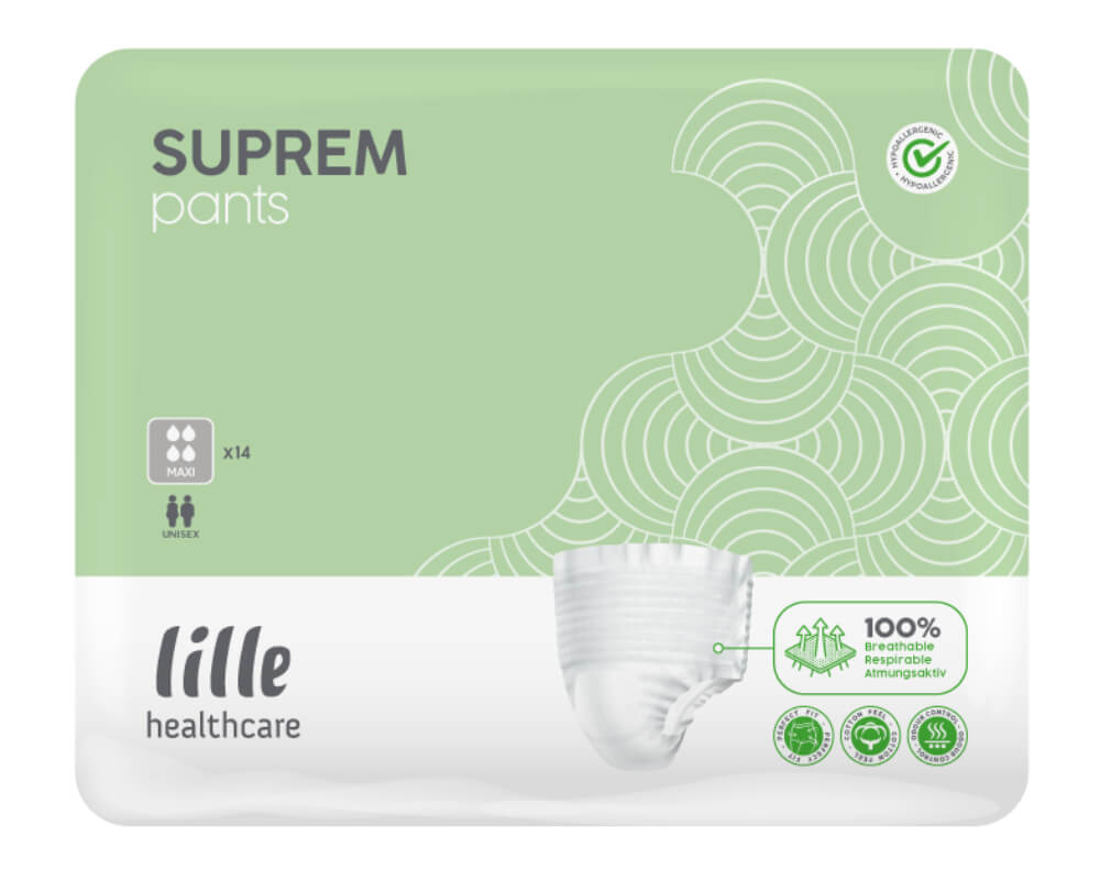 Weiße Maxi-Windelhosen von Lille Suprem in der Größe XL, abgebildet auf einem schlichten, hellen Hintergrund. Die Windelhosen sind aus einem weichen, flexiblen Material und bieten eine atmungsaktive Oberfläche, die für den Komfort des Trägers sorgt. An der Vorderseite sind elastische Bündchen zu erkennen, die eine sichere Passform ermöglichen. Das Design zeigt eine hohe Saugfähigkeit, ideal für die nächtliche Verwendung.