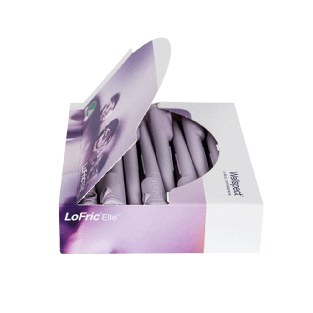 Geöffnete Box mit mehreren LoFric Elle Kathetern in violetter Schutzhülle – aufgereiht zur einfachen Entnahme
