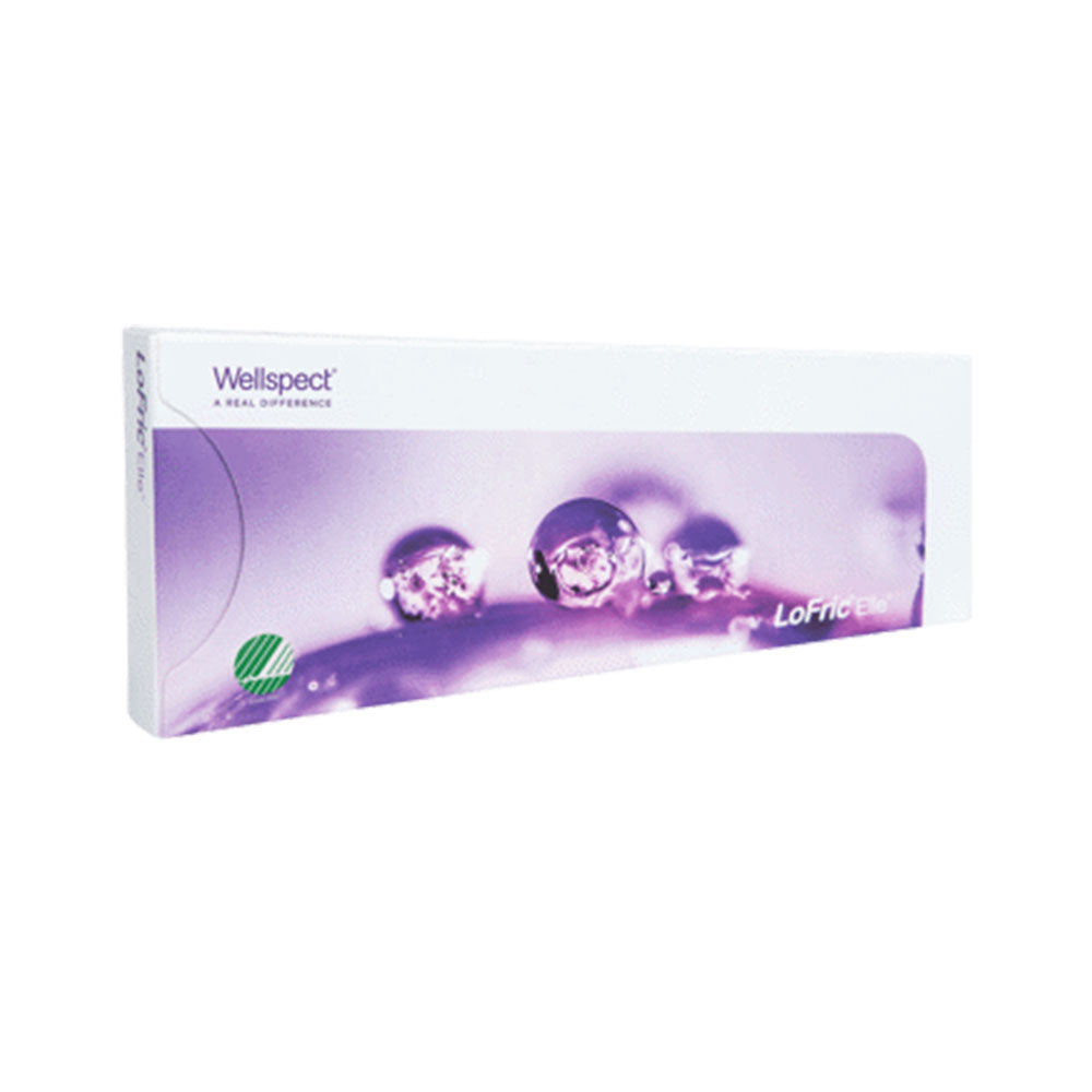 Geschlossene Produktverpackung von LoFric Elle mit lila Wassertropfenmotiv – Marke Wellspect, enthält mehrere Einmalkatheter.