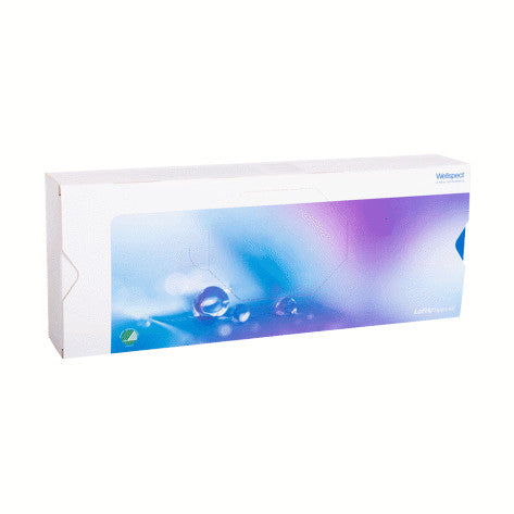 LoFric Hydro-Kit Sammelverpackung von Wellspect – weiße Box mit blau-violettem Wasserperlenmotiv, geeignet zur Lagerung mehrerer Sets