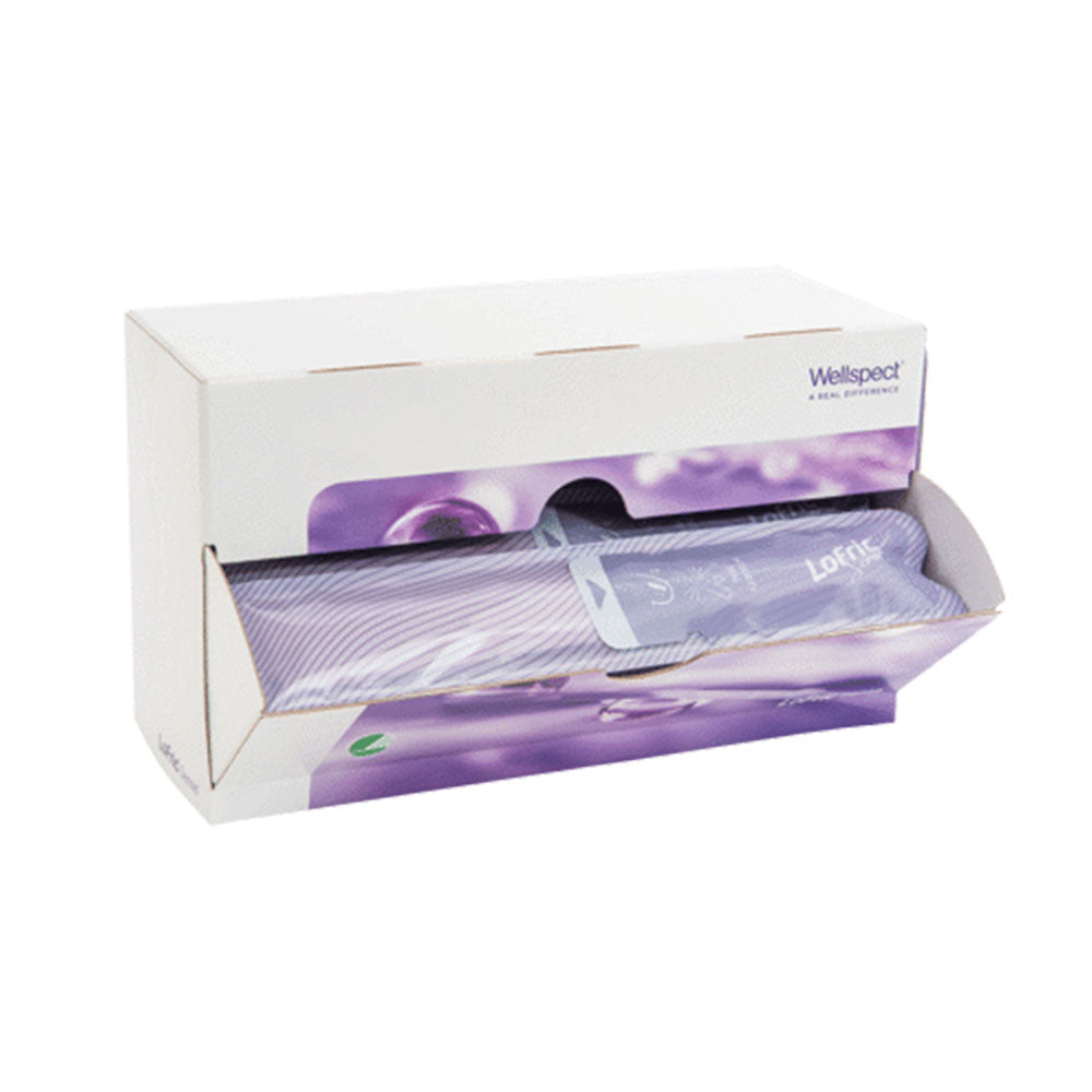 Geöffnete Box mit mehreren LoFric Sense Kathetern – praktische Spenderverpackung mit violettem Tropfenmotiv