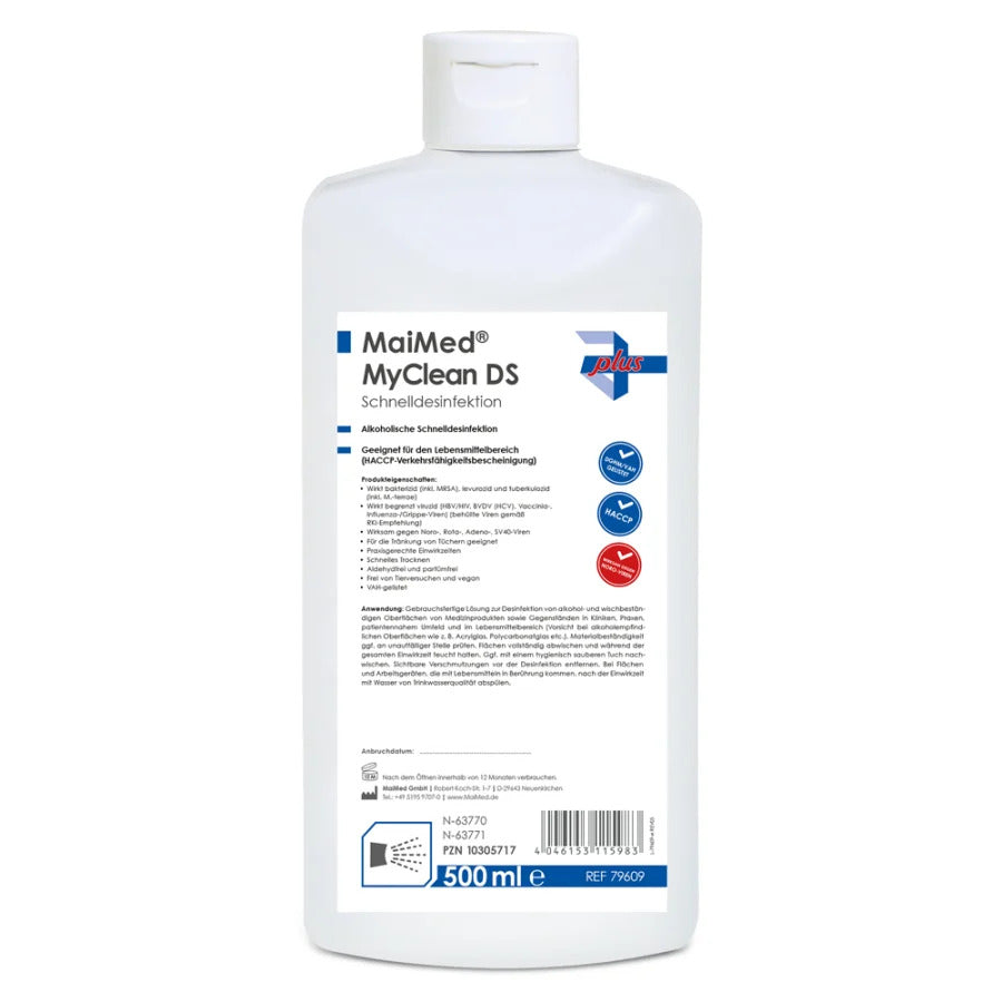 Produktbild einer 500 ml Flasche "Mailed MyClean DS Schnelldesinfektion Neutral". Die Flasche hat eine klare, moderne Form mit einem weißen, spritzwassergeschützten Pumpverschluss. Der Etikettendesign zeigt eine schlichte, blauen Schrift mit dem Produktnamen und einer kurzen Beschreibung. Der Hintergrund ist neutral und hebt die Flasche hervor. Das Produkt ist speziell für die schnelle Desinfektion geeignet und eignet sich für verschiedene Oberflächen.