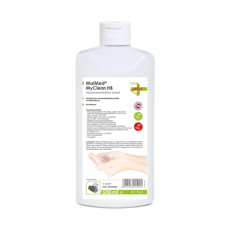 Handdesinfektionsmittel in einer transparenten Plastikflasche mit einem weißen Pumpspender. Die Flasche ist 500 ml groß und zeigt eine klare Flüssigkeit, die leicht schäumt. Auf dem Etikett sind in grauer und blauer Schrift der Markenname "Maimed" sowie die Produktbezeichnung "Handdesinfektion" hervorgehoben. Der Hintergrund ist weiß, und die Flasche steht auf einer neutralen Oberfläche, die den Fokus auf das Produkt lenkt. Das Design vermittelt Sauberkeit und Hygiene, ideal für den Schutz vor Keimen.