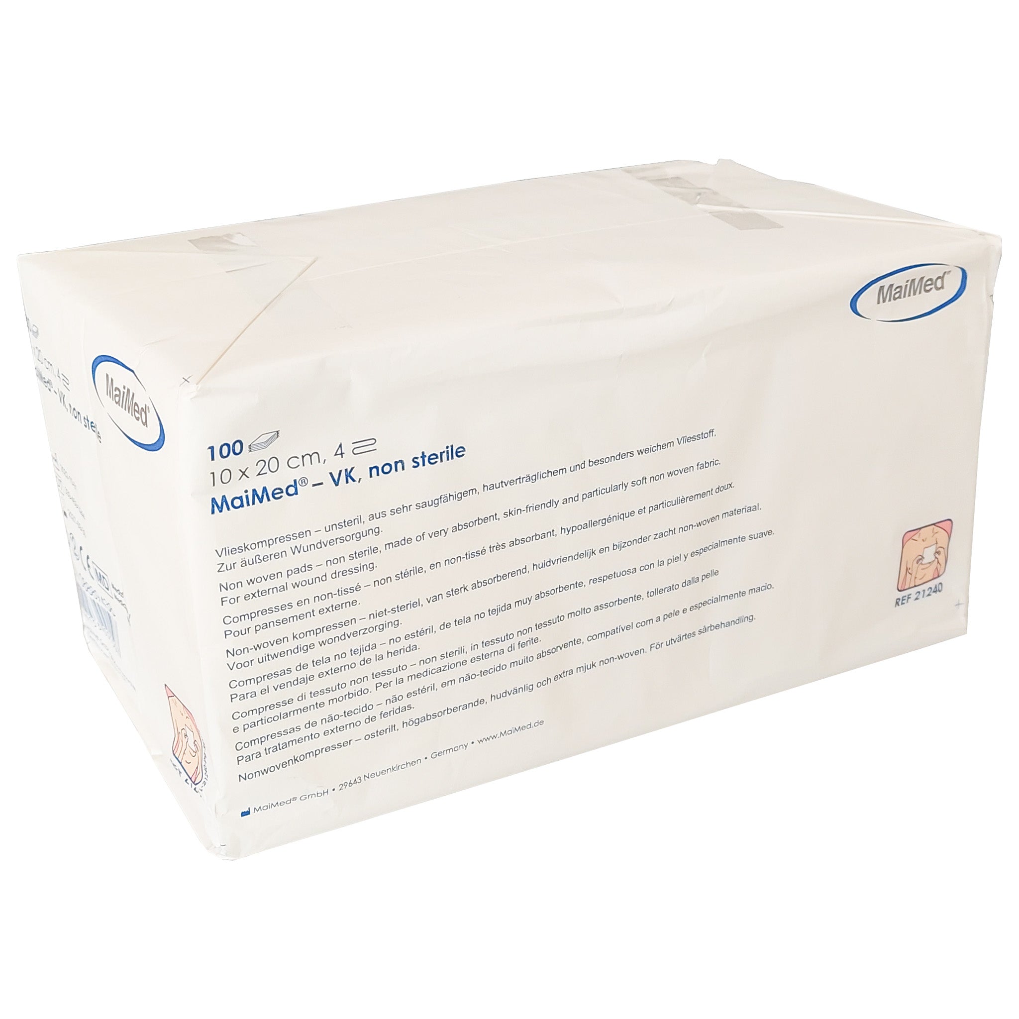 Vlieskompressen, unsteril, in Packung mit 50 Stück. Die Kompressen sind in der Größe 10 x 20 cm und zeichnen sich durch eine 4-fache Struktur aus. Sie sind weich, saugfähig und bieten eine hohe Belastbarkeit, ideal für die Wundversorgung. Die Packung zeigt ein sauberes, klares Design, mit deutlicher Produktbezeichnung und Anwendungshinweisen.