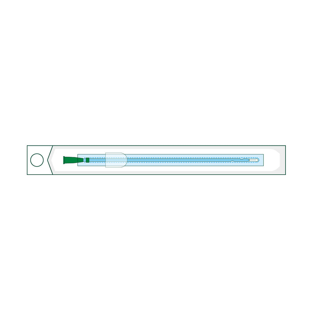 Produktbild eines Manfred Sauer IQ Cath 43 Einmalkatheters. Der Katheter ist hydrophil und hat eine Länge von 30 cm. Im Bild sind 30 Einzelkatheter in einer transparenten Verpackung angeordnet, die den hygienischen Transport und die Einzelentnahme ermöglicht. Die Katheter sind filigran und zeigen Details wie die Öffnung und die Führungsspitze. Das Produkt ist für Jungen konzipiert und im Hintergrund ist eine weiße, neutrale Fläche sichtbar, die den Fokus auf die Packung lenkt.