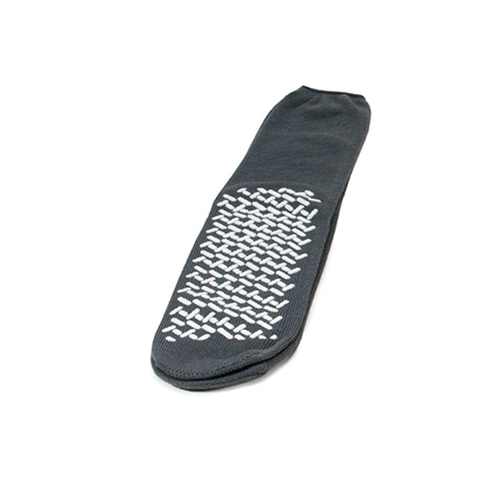 Graue Medi-Inn Anti-Rutsch-Socke in Größe XXL mit weißem Profil für sicheren Halt.