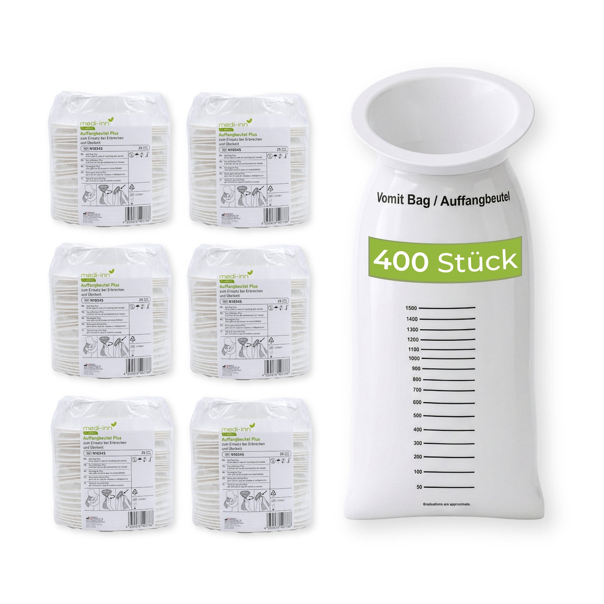 medi-inn CLASSIC Auffangbeutel Plus im 400er-Pack und einzeln aufgefaltet mit Skala und Mundstück.