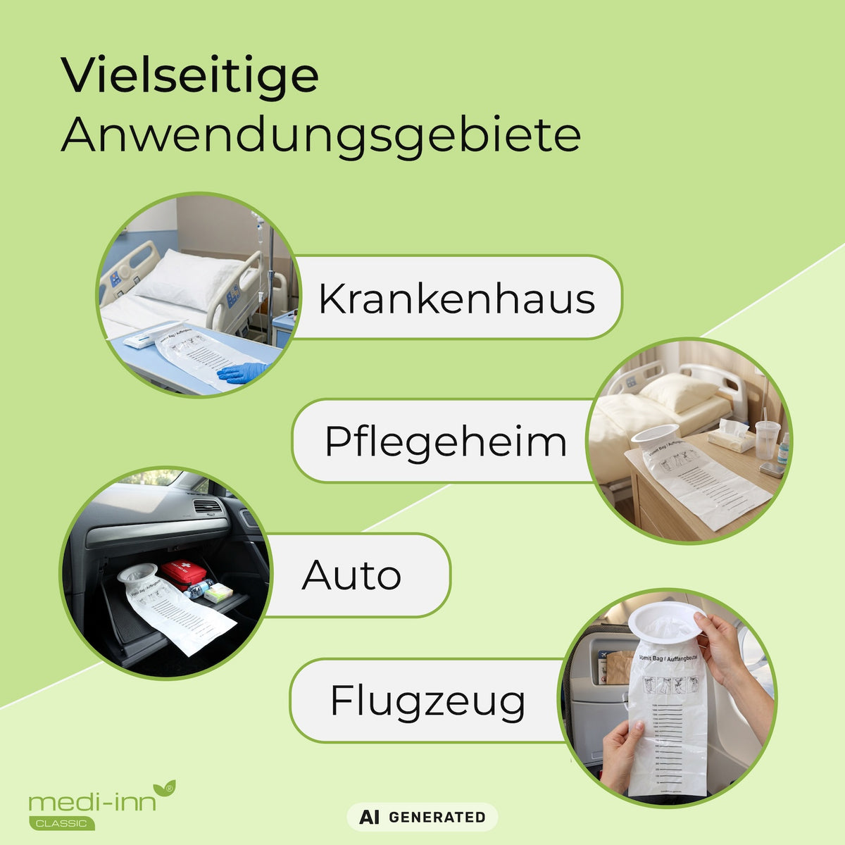Anwendungsbereiche des Medi-Inn Auffangbeutels Plus in Krankenhaus, Pflegeheim, Auto und Flugzeug.