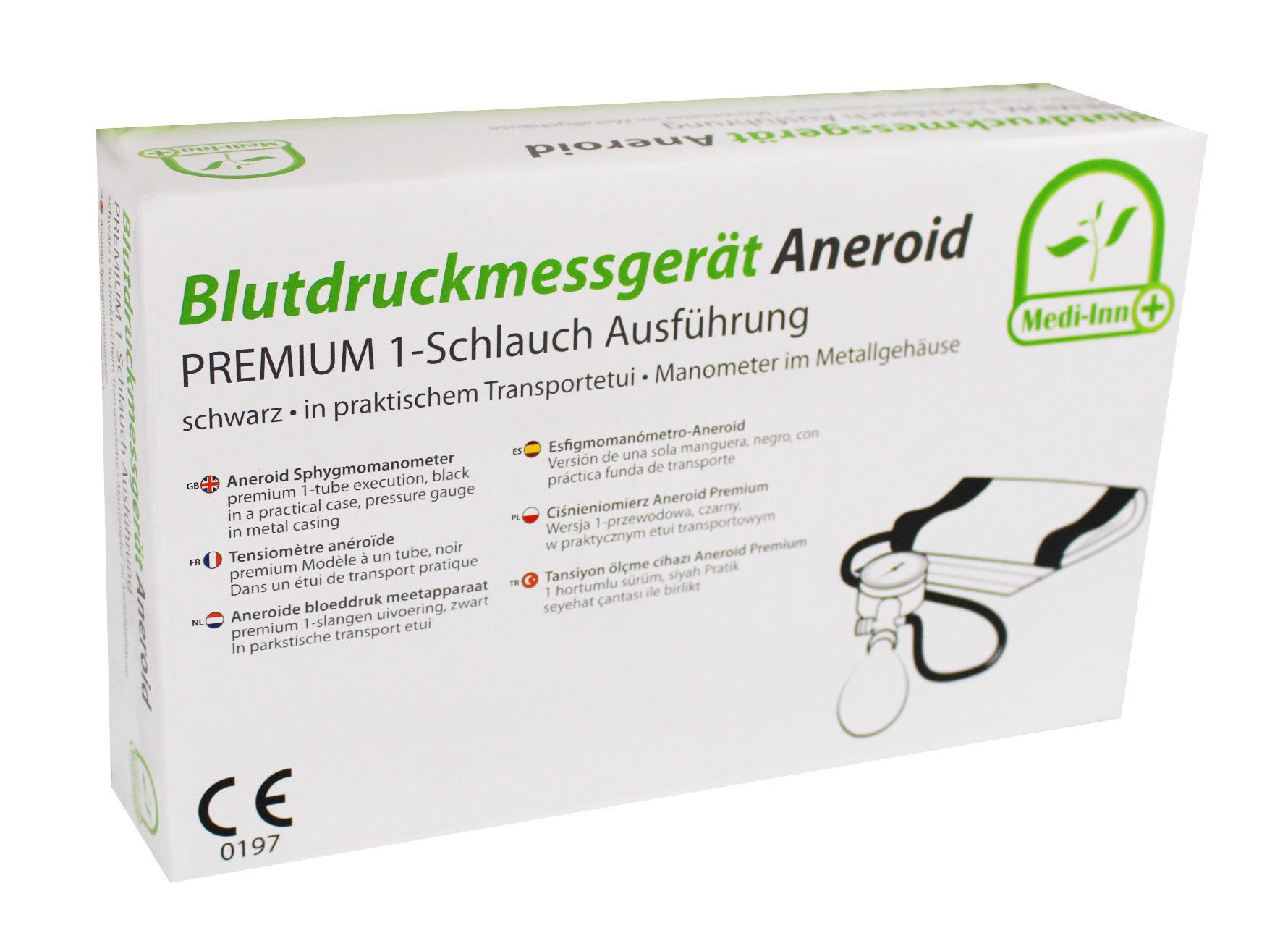 Bild eines aneroiden Blutdruckmessgeräts mit Premium-Qualität, das ein schlauchbasiertes System zeigt. Das Gerät hat ein leicht ablesbares Ziffernblatt mit klaren schwarzen Ziffern auf weißem Hintergrund. Ein schwarzes, handliches Gehäuse umrahmt das Ziffernblatt. Zudem sind ein flexibler Schlauch, ein Gummiballon mit einem schwarzen Druckknopf und eine Metallklemme zum Anbringen des Blutdruckmessgeräts an einer Manschette sichtbar.