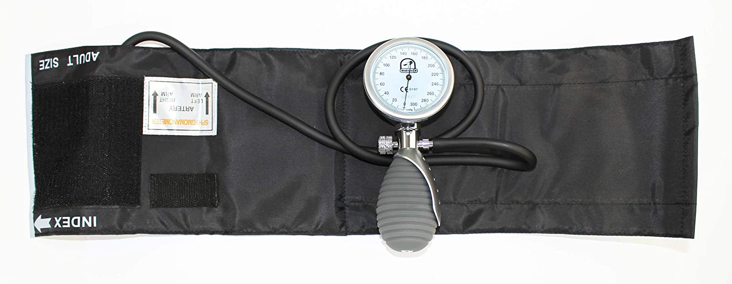 Bild eines aneroid Blutdruckmessgeräts mit einem einzelnen Schlauchsystem. Es ist in einem professionellen, kompakten Design gehalten, mit einem großen, weißen Ziffernblatt, auf dem die Werte gut lesbar sind. Die Skala des Manometers reicht von 0 bis 300 mmHg und ist mit schwarzen Markierungen versehen. Das Gerät hat eine robuste, schwarze Gummimanschette und einen gut greifbaren Druckknopf.