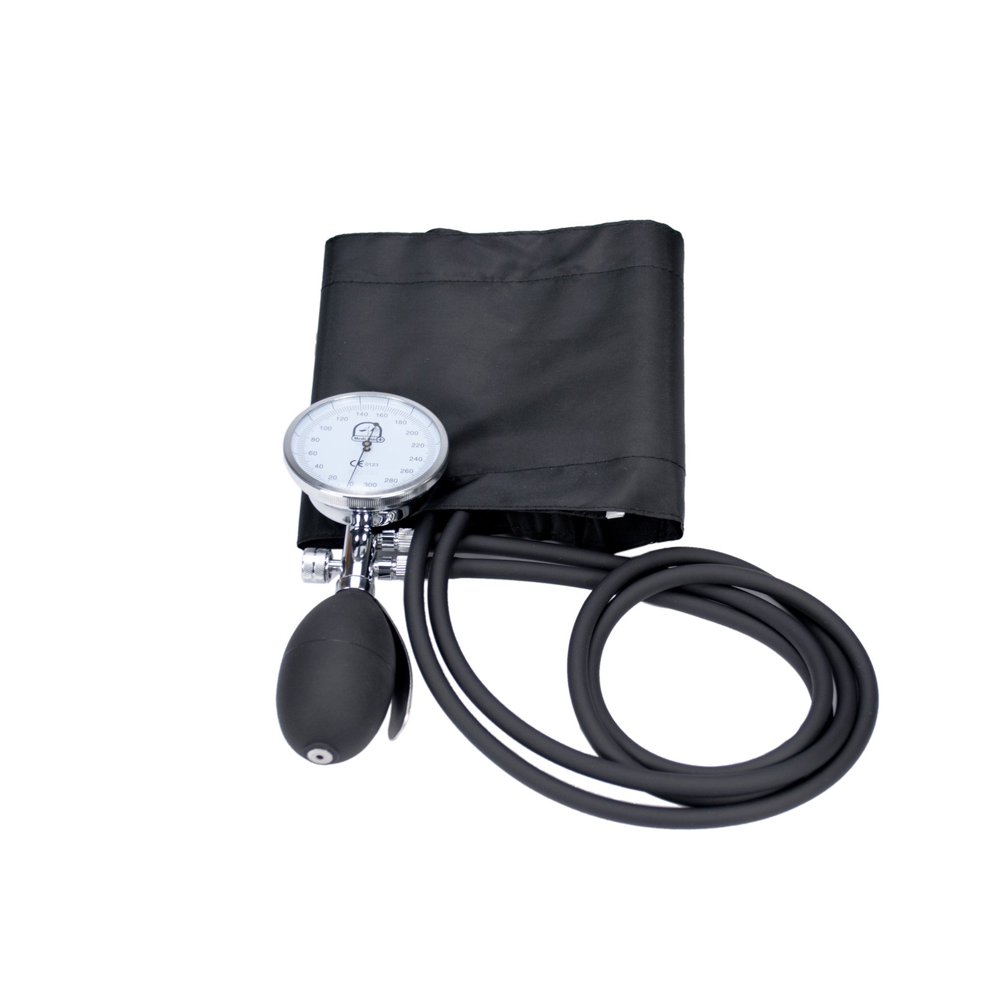 Ein medizinisches Blutdruckmessgerät (Aneroid) mit einem Premium-Design und einem 2-Schlauchs-System. Das Gerät besteht aus einem robusten, silberfarbenen Metallgehäuse mit einer großen, gut lesbaren Druckanzeige in Schwarz und Weiß, die den Blutdruck in mmHg anzeigt. An einem Ende des Geräts befindet sich ein flexibler, dunkelschwarzer Schlauch, der mit einem manuell bedienbaren Ballon verbunden ist.