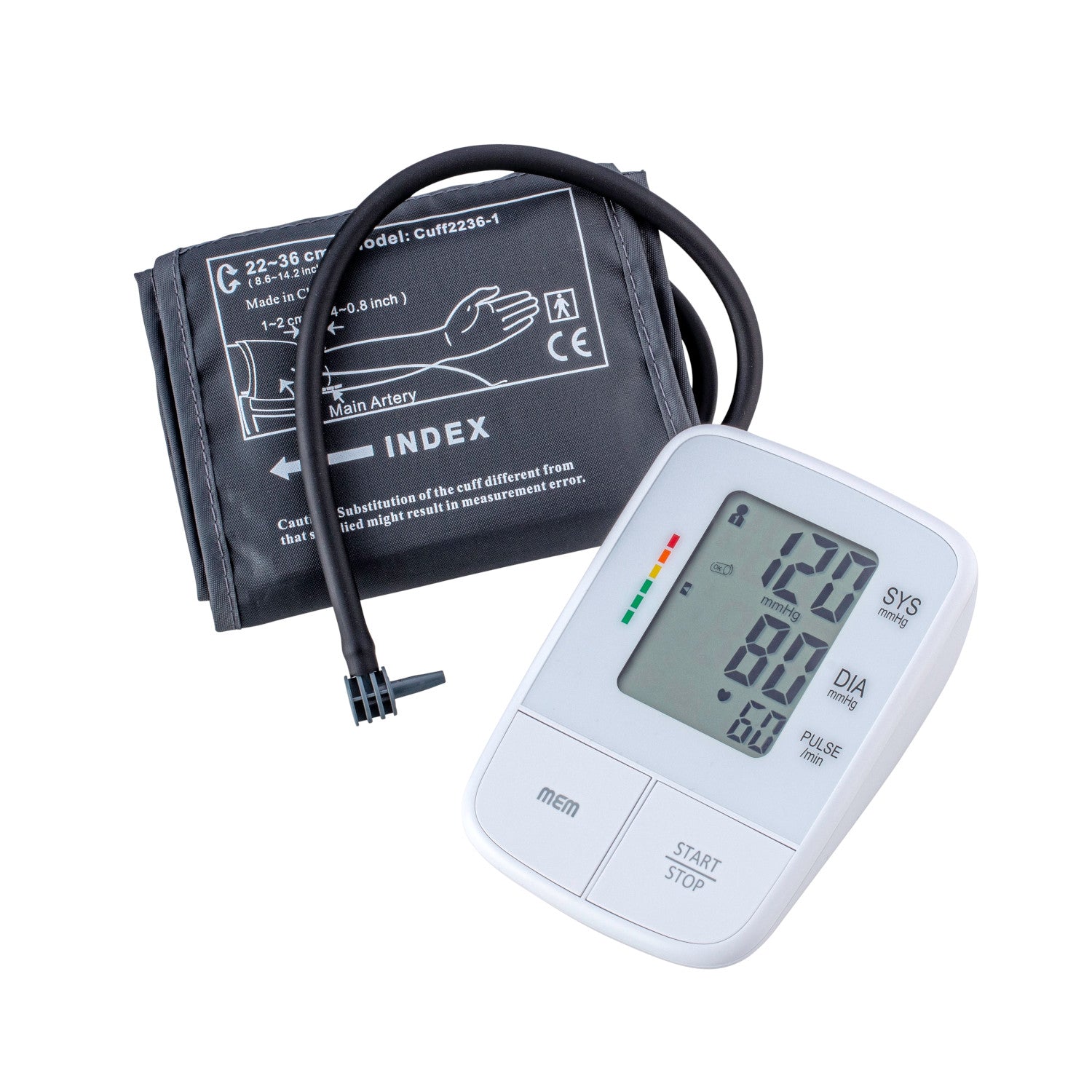 Vollautomatisches digitales Blutdruckmessgerät für den Oberarm. Das Gerät besitzt ein modernes, kompaktes Design mit einem gut lesbaren LCD-Display, das Werte für systolischen und diastolischen Blutdruck, Puls und eine Speicherfunktion anzeigt. Im Lieferumfang befindet sich eine breite Manschette, die zur besten Passform verstellbar ist. Das Gehäuse ist in einem attraktiven, schlichten Weiß gehalten. Im Hintergrund ist ein neutraler, heller Untergrund zu sehen, was die Produktpräsentation unterstützt.