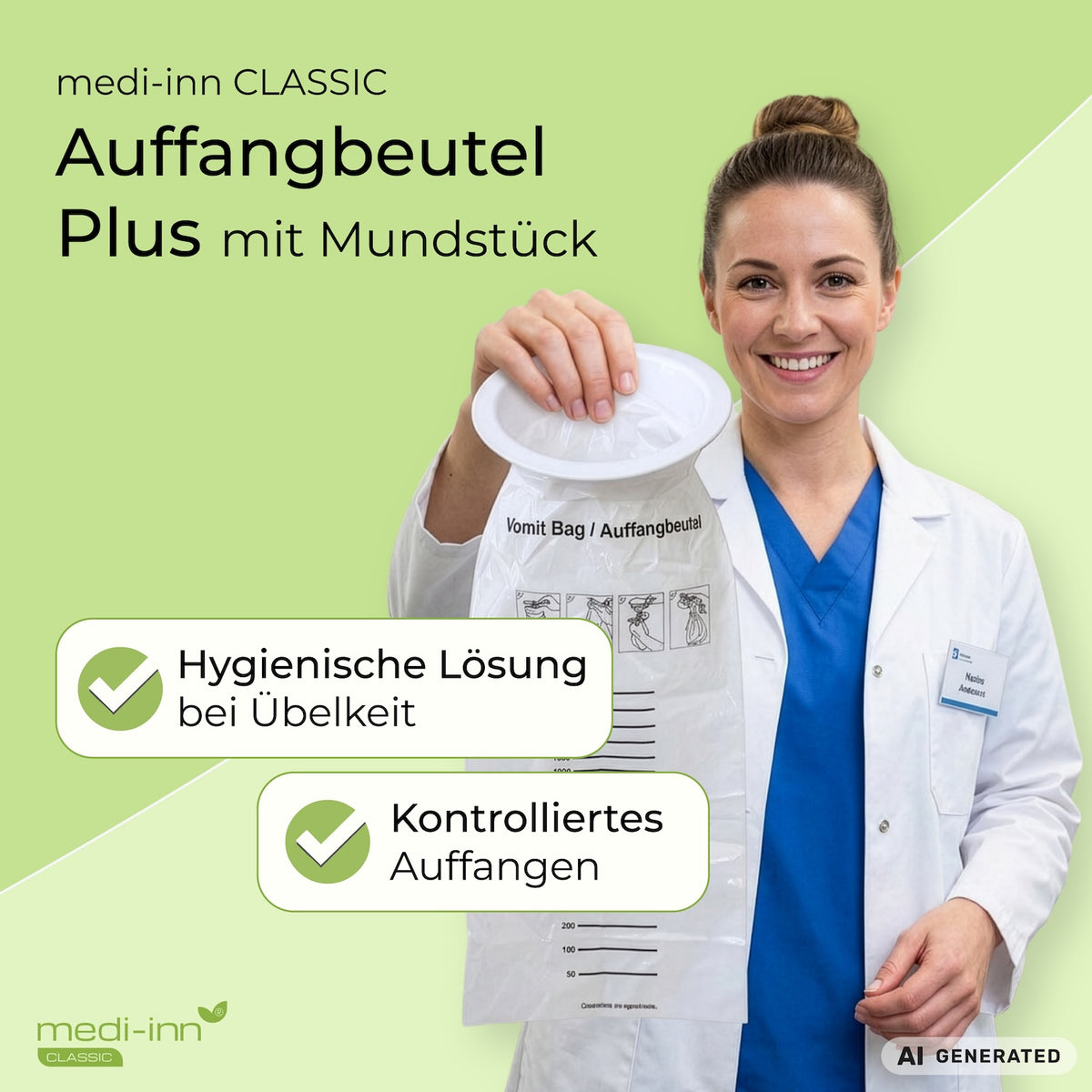Medizinische Fachkraft hält den medi-inn Auffangbeutel Plus als hygienische Lösung bei Übelkeit.