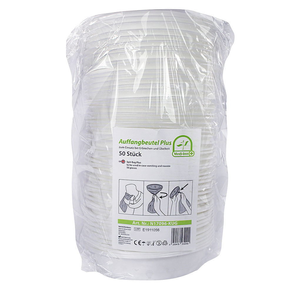 Abbildung eines Medi-Inn Brechbeutels, der für die sichereaufnahme von Erbrochenem konzipiert ist. Der transparente Beutel hat ein integriertes Mundstück, das ein einfaches Entleeren ermöglicht. Die Oberseite des Beutels zeigt eine praktische Öffnung mit einem stabilen Verschluss. Die Seiten des Beutels sind leicht verstärkt, um eine angenehme Handhabung zu gewährleisten. Der Beutel ist in einer sauberen, hygienischen Umgebung platziert, die die Funktionalität und den Einsatz des Produkts betont.