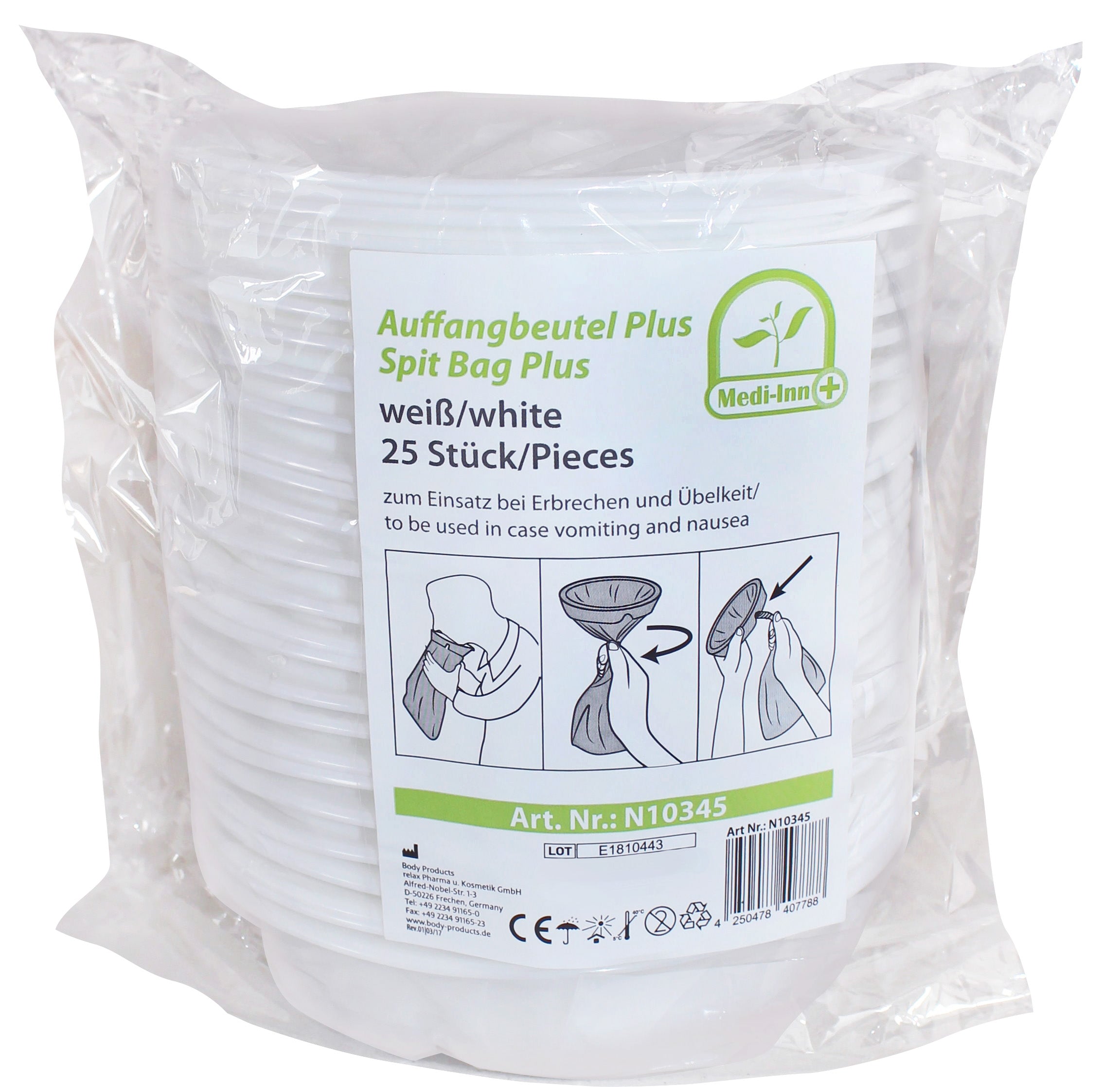 Produktbild eines 25er-Packs Medi Inn Brechbeutel mit Mundstück. Die Verpackung ist transparent, auf der Vorderseite sind die Brechbeutel zu sehen, die in einer sterilisierten Anordnung präsentiert werden. Jeder Beutel ist in einer hygienischen Folie verpackt. Das Mundstück der Beutel ist grün und zeigt eine praktische, benutzerfreundliche Gestaltung zur Anwendung. Im Hintergrund ist ein dezenter, weißer Hintergrund, der das Produkt in den Vordergrund rückt.