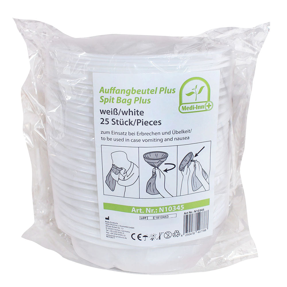 Bild eines 25er-Packs von Medi-Inn Brechbeuteln mit Mundstück. Die Verpackung zeigt eine klare, transparente Kunststofffolie, die die Brechbeutel sichtbar macht. Die Beutel sind flach gefaltet und besitzen ein integriertes Mundstück, das auf der Oberseite deutlich sichtbar ist. Auf der Vorderseite der Packung sind Produkteigenschaften und Anwendungsinformationen in klarer Schrift abgebildet. Der Hintergrund ist neutral, um die Produktdetails hervorzuheben.
