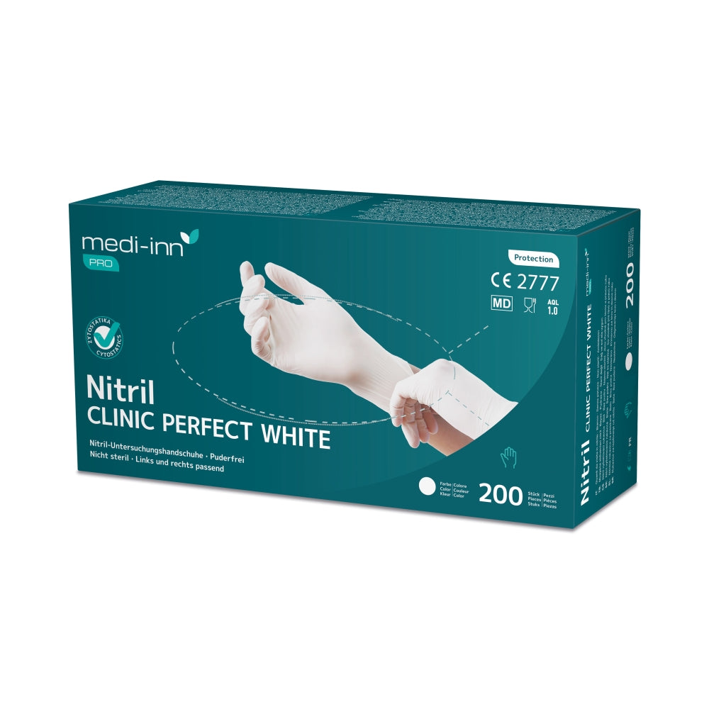 Ein Bild zeigt eine Packung von weißer Einmalhandschuhe aus Nitril mit der Bezeichnung „Medi Inn Clinic Perfect White“. Die Handschuhe sind puderfrei und in der Größe XS erhältlich. Die Verpackung ist hell gestaltet, mit klaren und modernen Schriftzügen. Im Hintergrund ist ein sanfter Farbverlauf zu sehen, der das Produkt hervorhebt. Der Fokus liegt auf der Verpackung, die die Handschuhe professionell präsentiert und den Eindruck von Hygiene und Qualität vermittelt.