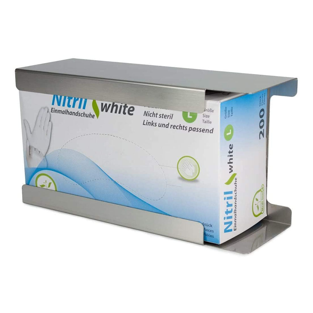 Ein eleganter Edelstahlspender für Einmalhandschuhe, der eine praktische und hygienische Lösung bietet. Der Spender hat ein schlichtes, modernes Design mit einer glänzenden Oberfläche, die sich gut in verschiedene Umgebungen einfügt. Er ist wandmontiert, was Platz spart und die Zugänglichkeit verbessert. Auf der Vorderseite befindet sich eine große Öffnung, die einen einfachen Zugriff auf die Handschuhe ermöglicht.