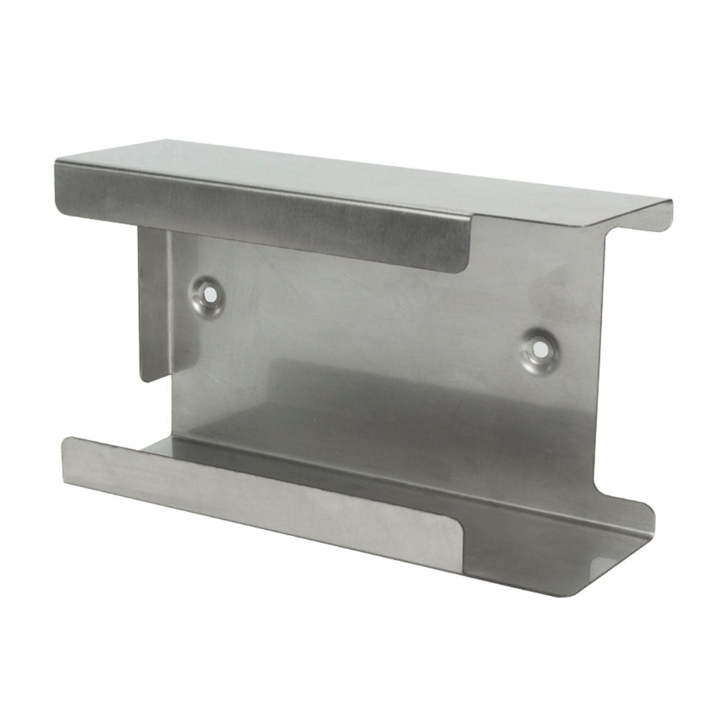Edelstahlspender für Einmalhandschuhe, rechteckige Form, an der Wand montiert. Der Spender hat eine glänzende, polierte Oberfläche und ein modernes Design. Oben ist ein kreisförmiges Schlitz-Öffnung für den einfachen Zugriff auf die Handschuhe. An der Vorderseite befindet sich ein Schlitz, durch den die Handschuhe einzeln entnommen werden können. Der Spender ist robust und ideal für hygienische Anwendungen in Praxen oder Werkstätten.