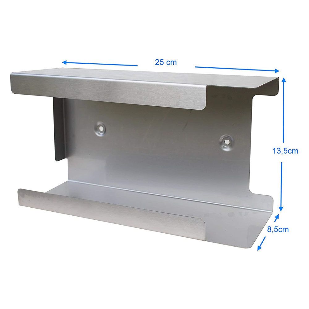 Edelstahlspender für Einmalhandschuhe, elegant und funktional, an der Wand montiert. Der Spender hat eine rechteckige Form mit abgerundeten Kanten und einer polierten Edelstahl-Oberfläche, die ihm ein modernes Aussehen verleiht. Auf der Vorderseite befindet sich eine große, offene Öffnung, die den einfachen Zugriff auf die Handschuhe ermöglicht. Der Spender eignet sich ideal für den Einsatz in medizinischen Einrichtungen, Pflegeeinrichtungen oder Restaurants, um Hygiene und Sauberkeit zu fördern.
