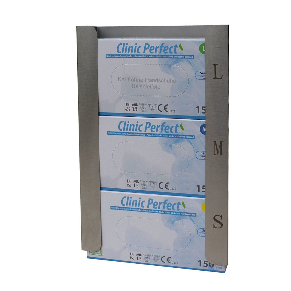 Edelstahlspender für Einmalhandschuhe in hochwertiger Verarbeitung. Das Gerät hat eine rechteckige Form mit abgerundeten Kanten und ein blendfreies, gebürstetes Finish, das für eine moderne Optik sorgt. Die Frontseite ist mit einer großzügigen Öffnung versehen, um den Zugriff auf die Handschuhe zu erleichtern. Die Montage erfolgt einfach an der Wand, was Platz spart und eine hygienische Aufbewahrung ermöglicht. Ideal für medizinische Einrichtungen, Küchen oder andere Bereiche, in denen Hygiene wichtig ist.