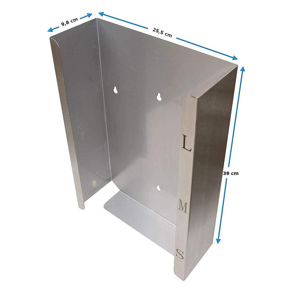 Edelstahlspender für Einmalhandschuhe in modernem Design. Der Spender hat eine glänzende Edelstahloberfläche und ist an der Wand montierbar. Die Vorderseite bietet einen praktischen Zugriff auf die Handschuhe, während seitliche Aussparungen eine einfache Befüllung ermöglichen. Der Spender hat abgerundete Kanten für eine sichere Handhabung. Ideal für den Einsatz in Praxen, Laboren oder in der Gastronomie und sorgt für Hygiene und Ordnung.