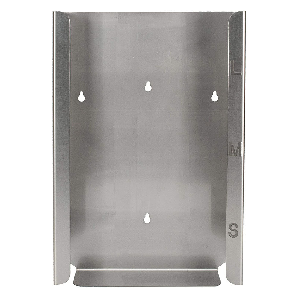 Bild eines eleganten Edelstahl-Spenders für Einmalhandschuhe, der an der Wand montiert ist. Der Spender hat eine schlichte, moderne Form mit abgerundeten Kanten und einer klaren Öffnung an der Vorderseite, die Platz für eine Box mit Handschuhen bietet. Die Edelstahloberfläche ist glänzend und reflektiert das Licht, was ihm ein hochwertiges Aussehen verleiht. Der Spender wird von einer dezenten Halterung unterstützt.