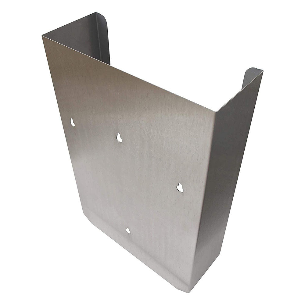 Edelstahlspender für Einmalhandschuhe in modernem Design, ideal für Hygiene und Sauberkeit. Der Spender hat eine rechteckige Form und eine glänzende, polierte Oberfläche aus hochwertigem Edelstahl. Die Vorderseite zeigt eine großzügige Öffnung, durch die Einmalhandschuhe entnommen werden können. An der Rückseite befinden sich Löcher zur Wandmontage, was eine sichere und platzsparende Installation ermöglicht.