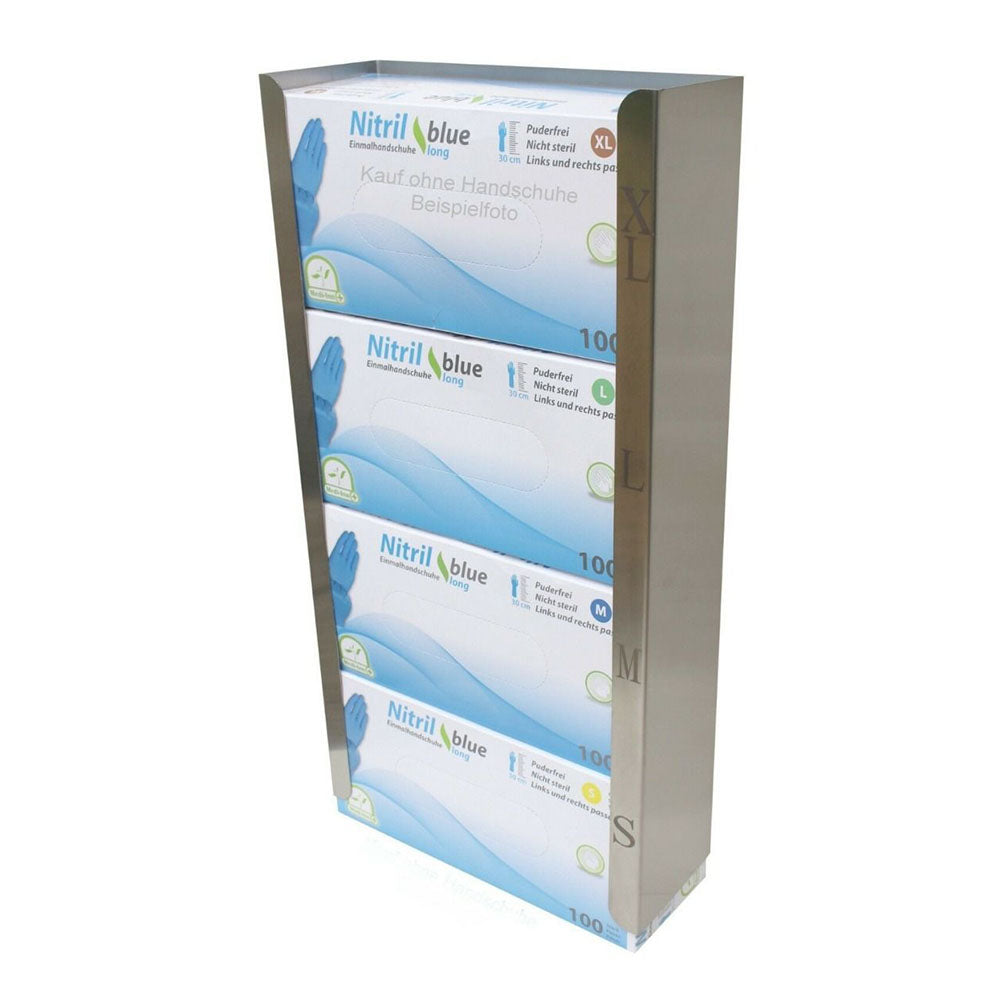 Edelstahlspender für Einmalhandschuhe in modernem Design, ideal für hygienische Anwendungen. Der Spender ist rechteckig mit einer klaren Öffnung an der Vorderseite zur einfachen Entnahme von Handschuhen. Die Oberfläche ist poliert, was einen eleganten Look verleiht und leicht zu reinigen ist. Eine stabile Montage an der Wand ist möglich, wodurch er platzsparend ist. Der Spender eignet sich hervorragend für Arztpraxen, Küchen oder Werkstätten und sorgt für schnellen Zugriff auf Handschuhe.