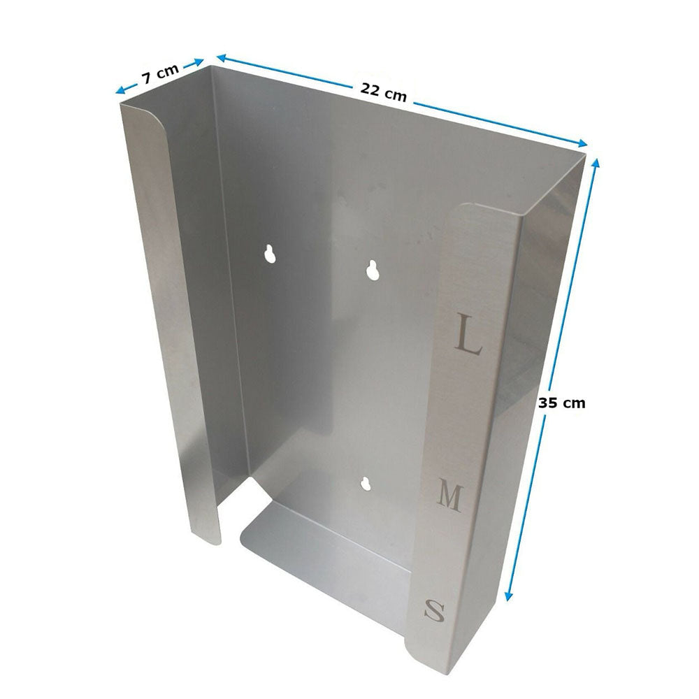 Edelstahlspender für Einmalhandschuhe: Der Spender hat eine elegante, moderne Form aus Edelstahl mit einer glänzenden Oberfläche. Er ist rechteckig und hat eine große Öffnung auf der Vorderseite, die den einfachen Zugriff auf die Handschuhe ermöglicht. Der Spender ist an einer Wand montierbar und verfügt über zwei Befestigungslöcher an der oberen Kante. Auf der Vorderseite ist das Wort "Handschuhe" in klaren, lesbaren Buchstaben eingeprägt, was die Verwendung des Produkts deutlich macht.