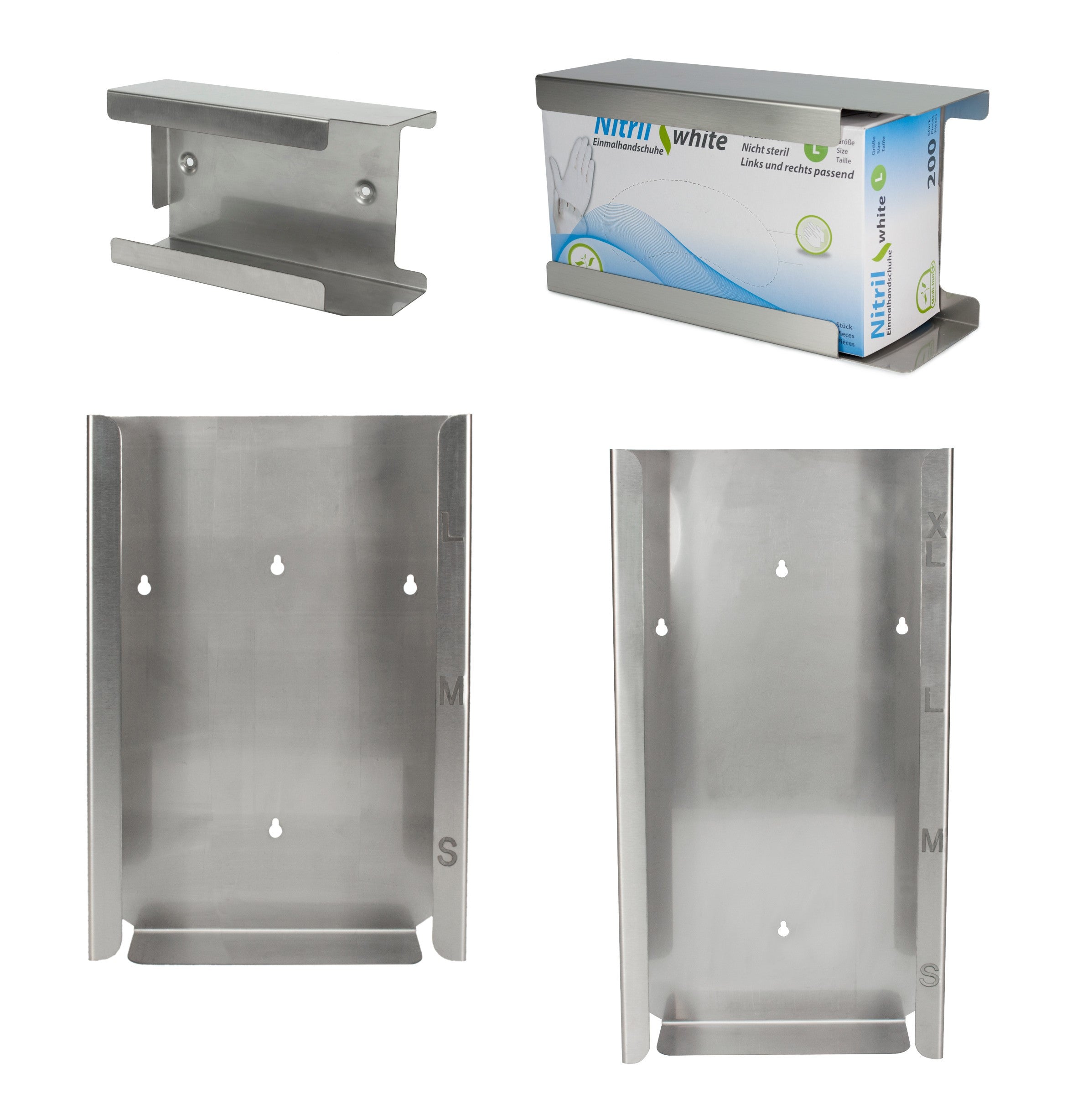 Edelstahl-Handschuhspender für Einmalhandschuhe, vertikale Ausführung, mittlere Größe. Der Spender hat eine glatte, polierte Oberfläche und ist in einem modernen, minimalistischen Design gehalten. Er bietet Platz für eine Box Einmalhandschuhe und ist an der Wand montierbar. Der obere Teil hat eine Öffnung, durch die die Handschuhe je nach Bedarf entnommen werden können.
