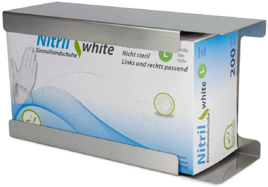 Edelstahlspender für Einmalhandschuhe, Modell 1-fach, Größe X-Large. Der Spender hat ein modernes, elegantes Design und ist aus robustem Edelstahl gefertigt, was ihn langlebig und hygienisch macht. Er zeigt einen klaren, praktischen Schlitz an der Vorderseite, um die Handschuhe einfach entnehmen zu können. Der Spender ist an der Wand montierbar und eignet sich ideal für medizinische Einrichtungen, Restaurants oder Reinigungsdienste.