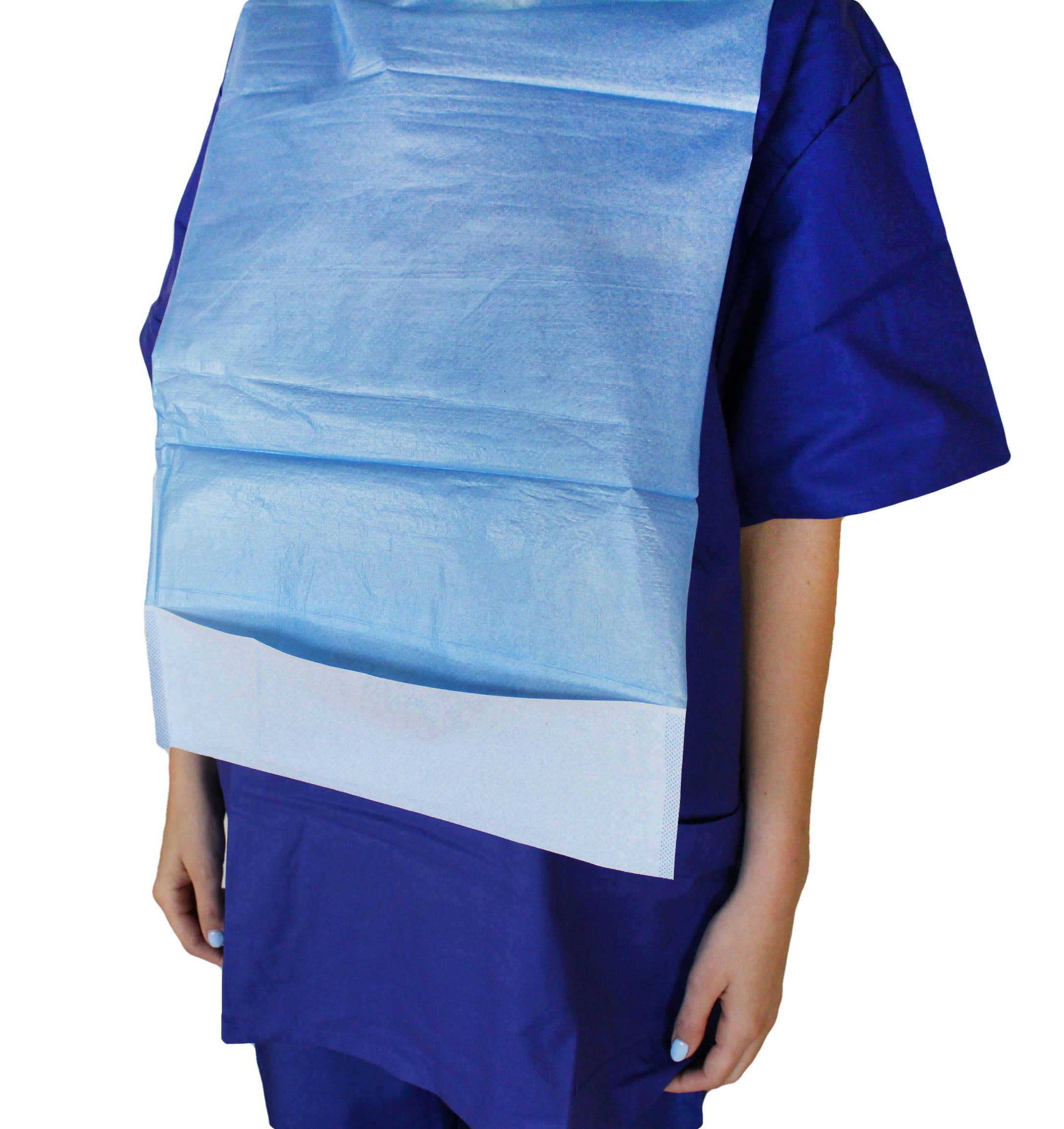 Ein blauer Einmal-ESS-Latz mit auffangender Tasche. Der Latz ist aus einem leichten, wasserabweisenden Material gefertigt und hat eine rechteckige Form, die genügend Abdeckung für den Oberkörper bietet. Die Tasche an der Unterseite ist breit und sorgt dafür, dass herunterfallende Lebensmittel aufgefangen werden. Der Latz ist ideal für Kleinkinder und wird häufig in der Essenszeit verwendet, um Kleidung vor Flecken zu schützen.