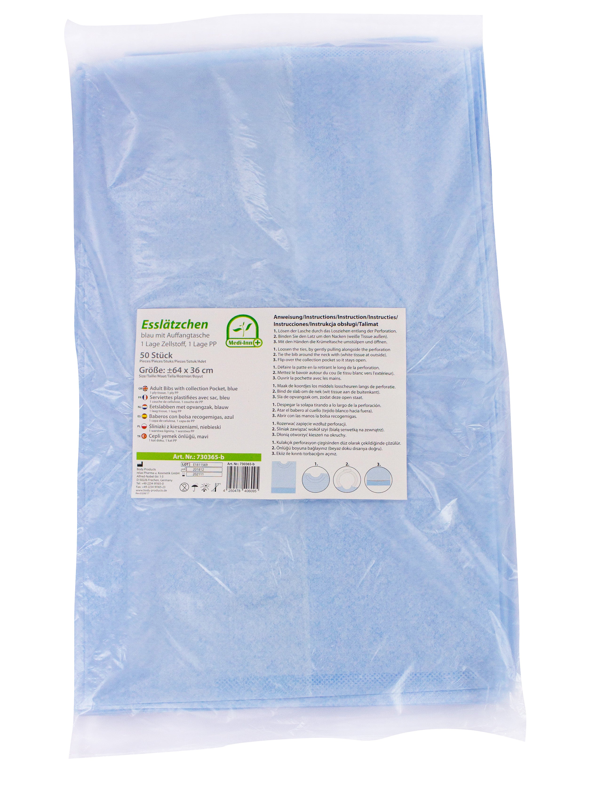 Ein blaues, einfarbiges Einmal-Esstuch mit Auffangtasche, das sich ideal für den Gebrauch beim Essen von Kleinkindern eignet. Das Tuch hat eine größere rechteckige Form mit den Maßen 64 x 36 cm. Die Auffangtasche ist mittig platziert und sorgt dafür, dass Essensreste effektiv aufgefangen werden. Die Kante des Tuchs ist sauber verarbeitet. Dieses praktische Zubehör ist leicht, hygienisch und kann nach dem Gebrauch entsorgt werden. Perfekt für unterwegs oder zu Hause, um Sauberkeit zu gewährleisten.