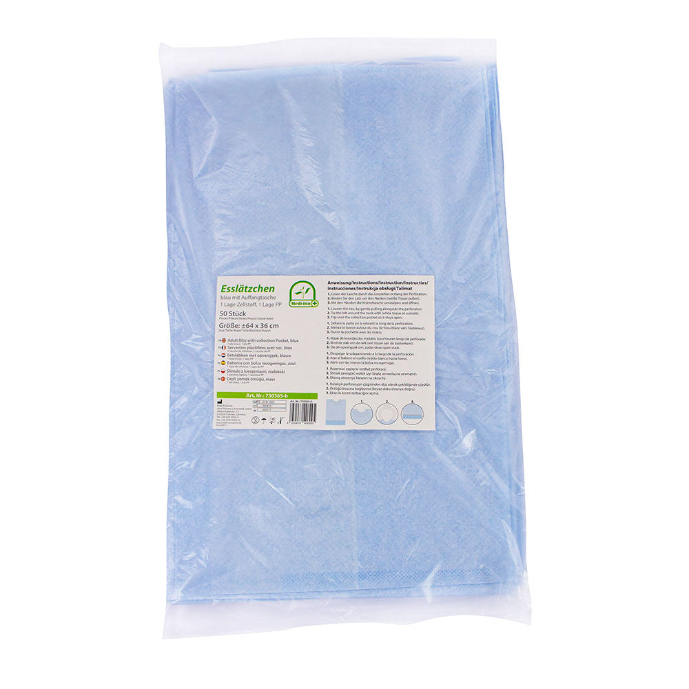 Ein blauer Einmal-Esslatz für Babys und Kleinkinder, hergestellt aus leichtem Material. Das Esslatz hat eine großzügige Größe von 64 x 36 cm und umschließt den Oberkörper des Kindes, um Kleidung vor Essensresten zu schützen. An der Unterseite befindet sich eine praktische Auffangtasche, die herunterfallende Speisen auffängt. Das Design ist einfach und funktional, ideal für das Füttern von Kleinkindern. Das Bild zeigt das Esslatz auf einem hellen Hintergrund, perfekt für den Einsatz zu Hause oder unterwegs.