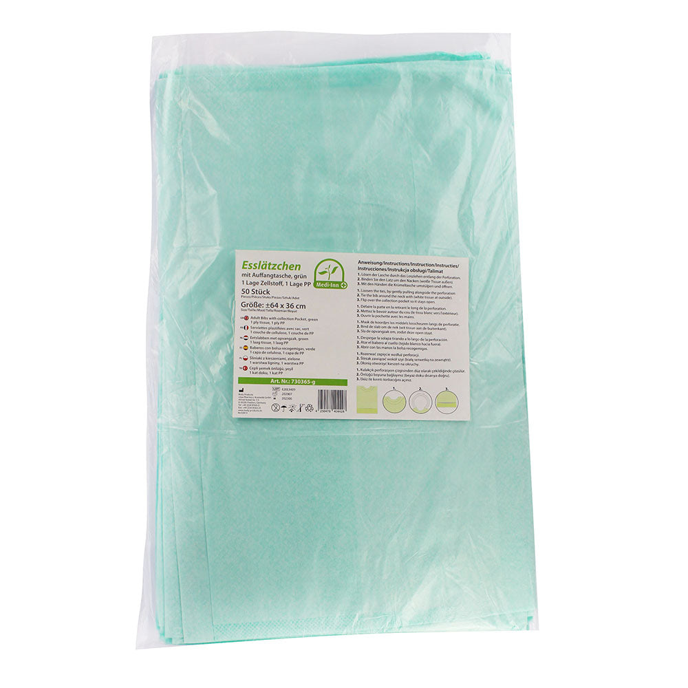Ein Einmal-Esslätzchen mit Auffangtasche in grüner Farbe, geeignet für Kinder. Das Lätzchen hat eine rechteckige Form mit den Maßen 64 x 36 cm und ist aus einem wasserabweisenden Material gefertigt, das leicht zu reinigen ist. Das Design zeigt eine sanfte grüne Farbnuance, ideal für das Füttern von Kleinkindern. Die Auffangtasche am unteren Rand ist großzügig bemessen und fängt herunterfallende Speisen auf.